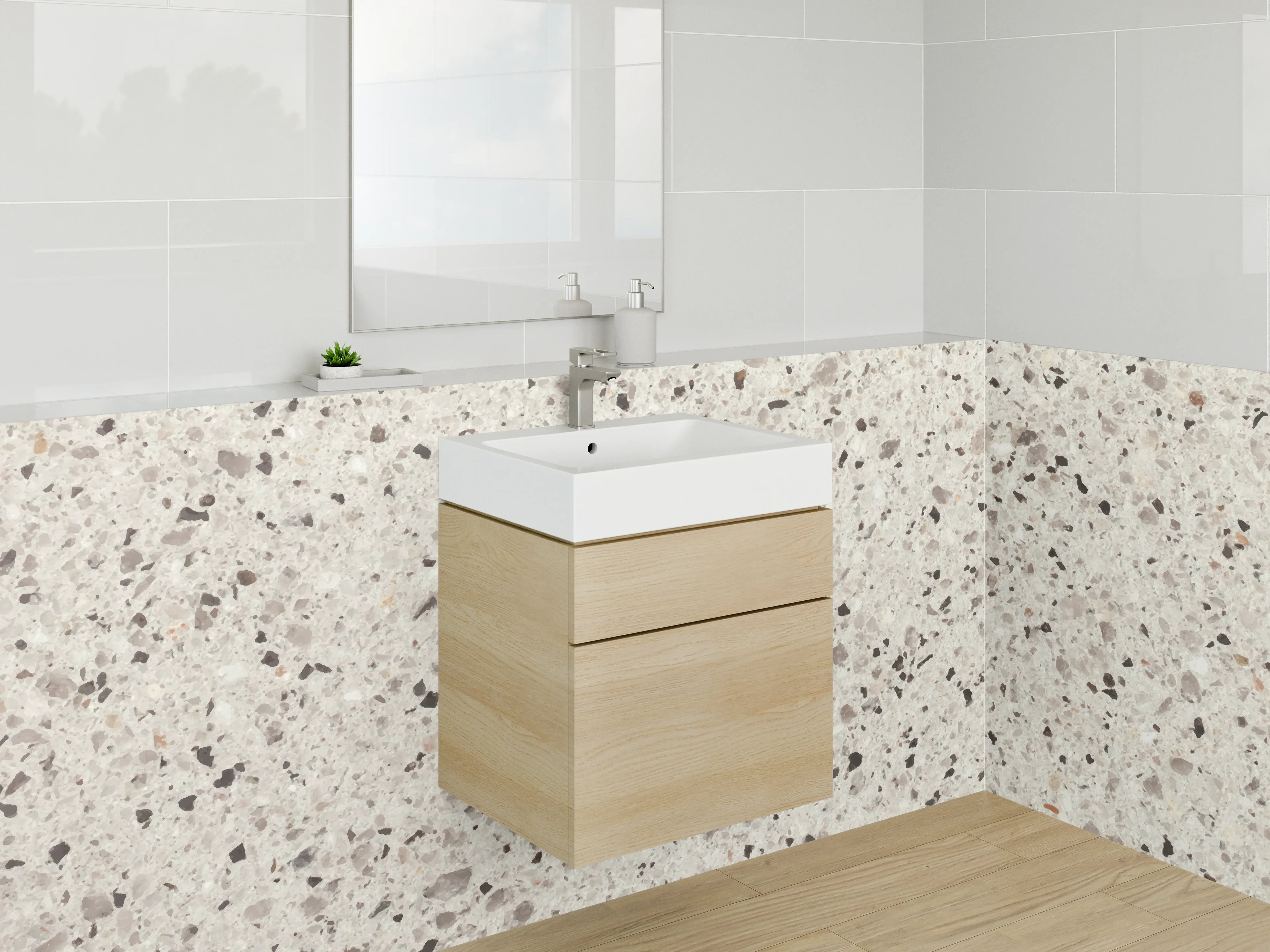 Waschbecken-Rückwand - Weiß-Graue Terrazzo-Optik Fliesen