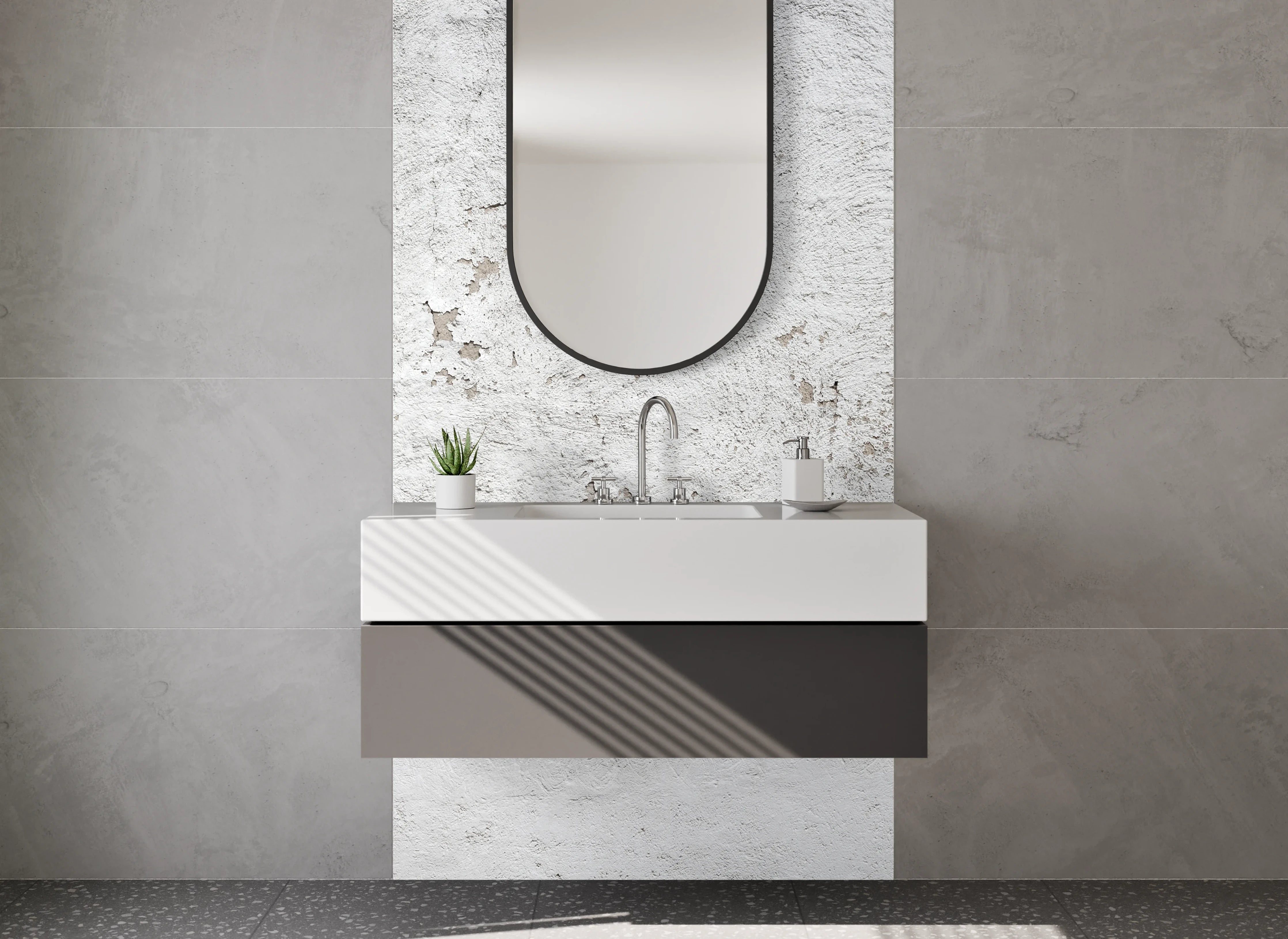 Waschbecken-Rückwand - Weiß-Graue Vintage Putzoberfläche