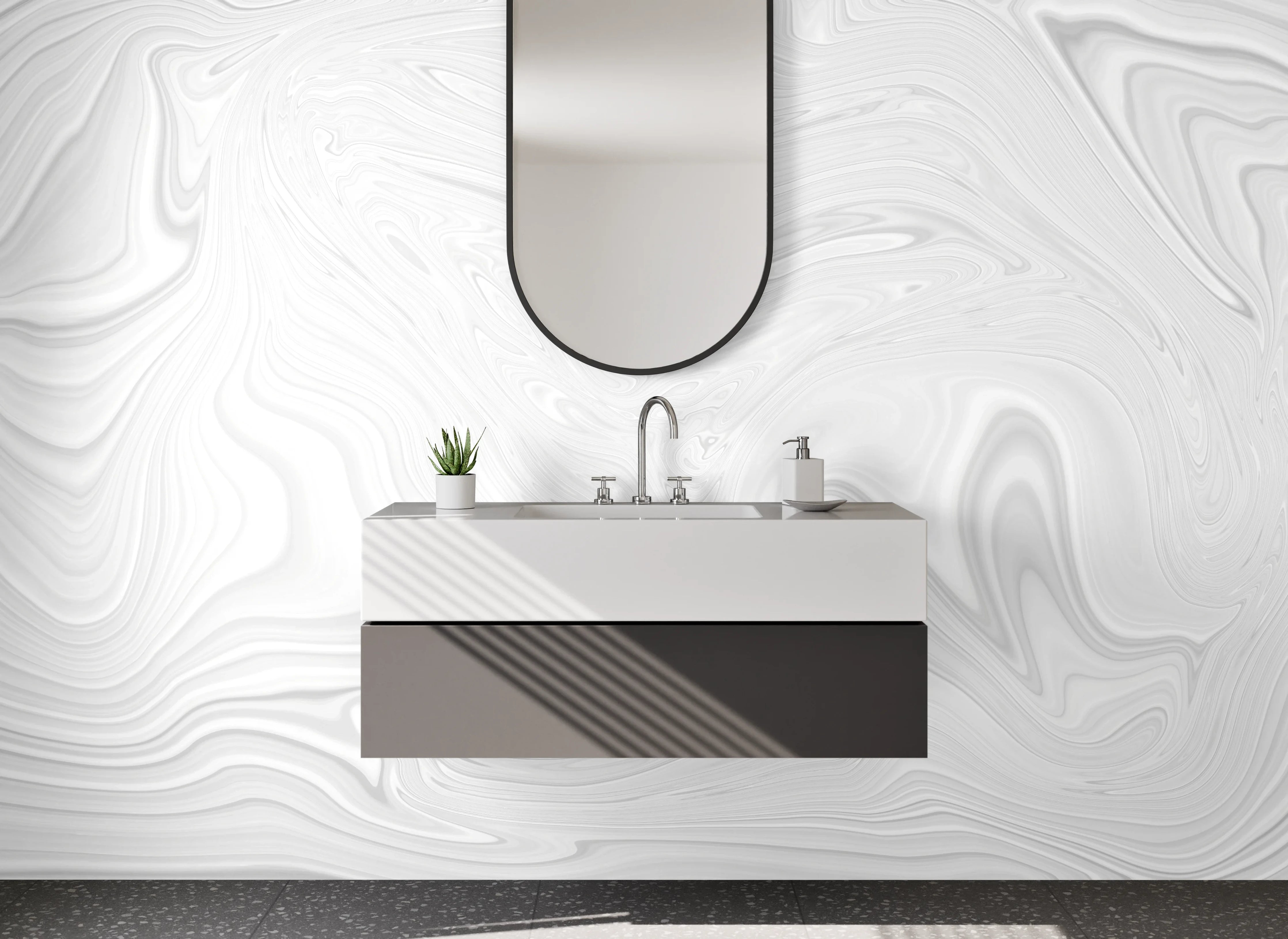 Waschbecken-Rückwand - Weiß-graue Marmor-Optik mit Wirbelmuster