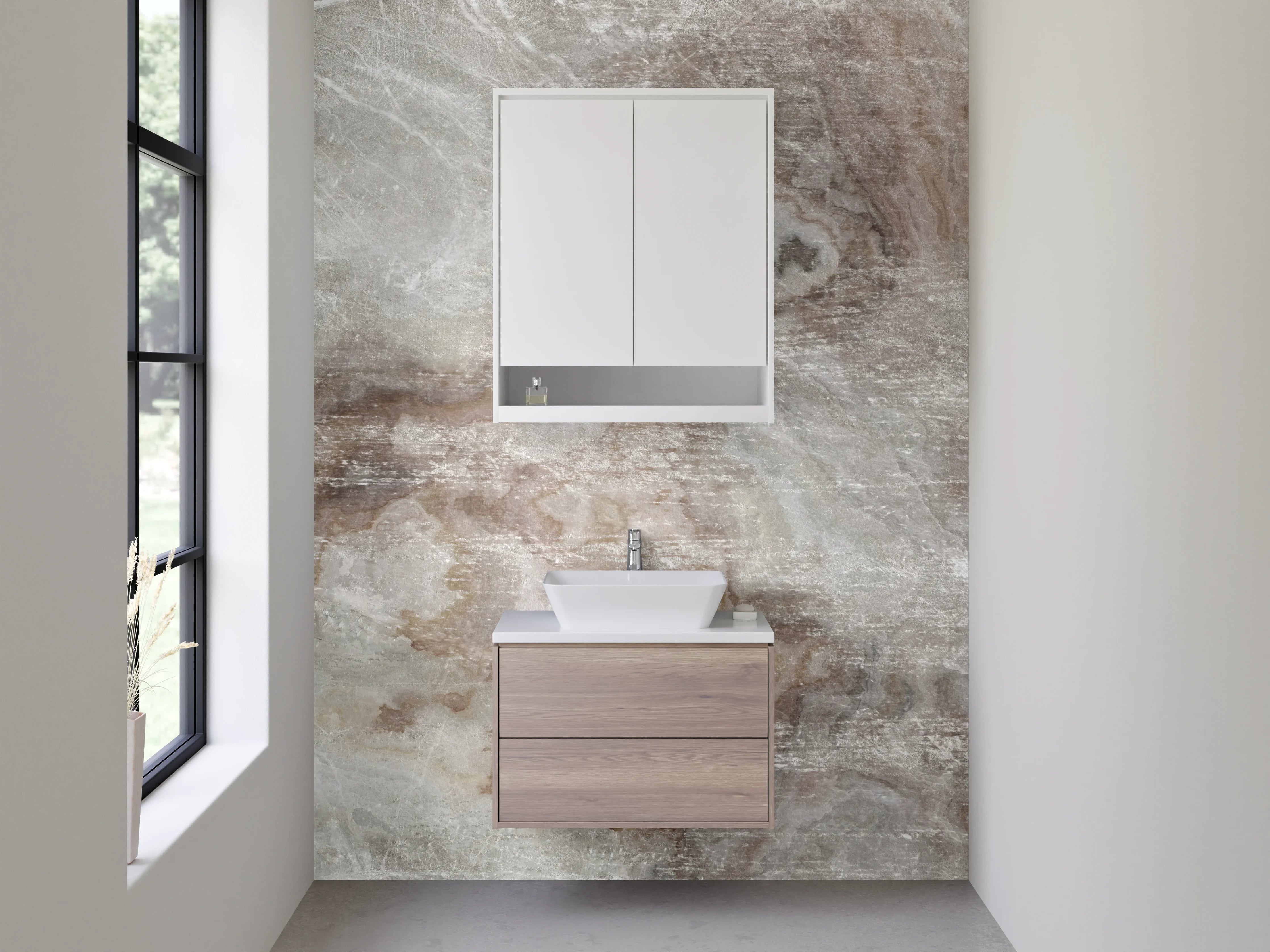 Waschbecken-Rückwand - Weiß-graue Marmoroptik Design-Fläche