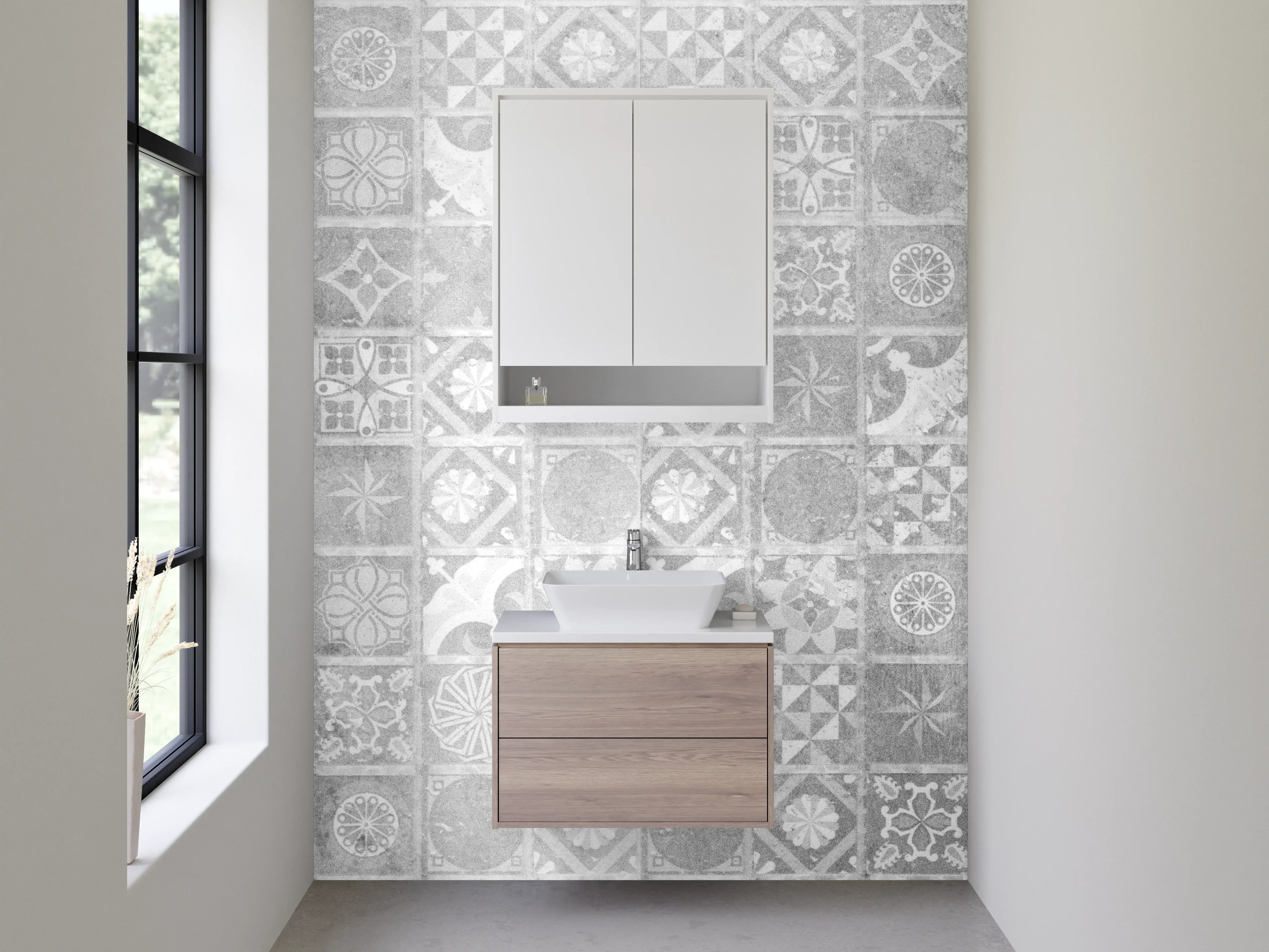 Waschbecken-Rückwand - Weiß-graue Retro Fliesen Patchwork Muster
