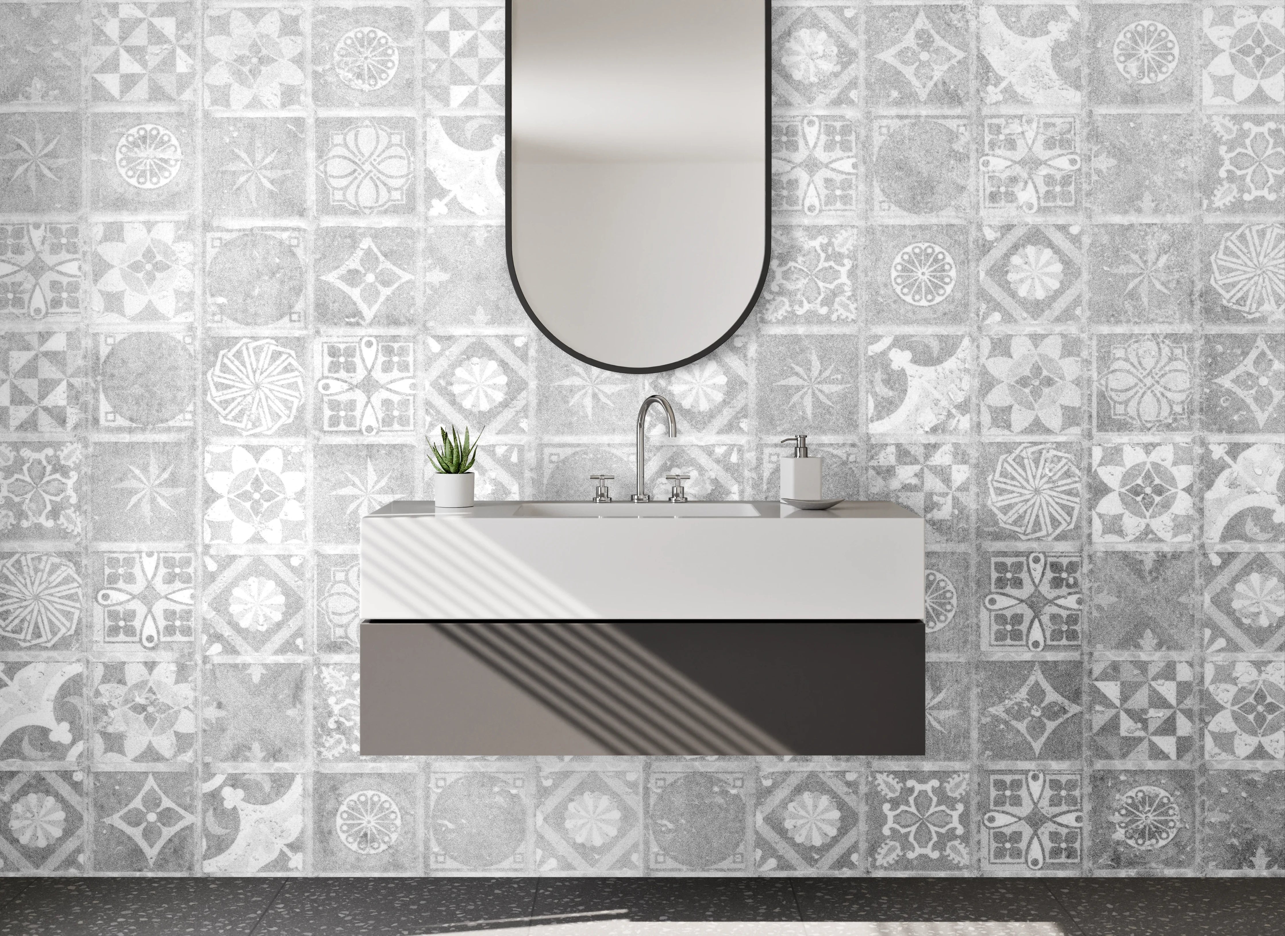 Waschbecken-Rückwand - Weiß-graue Retro Fliesen Patchwork Muster