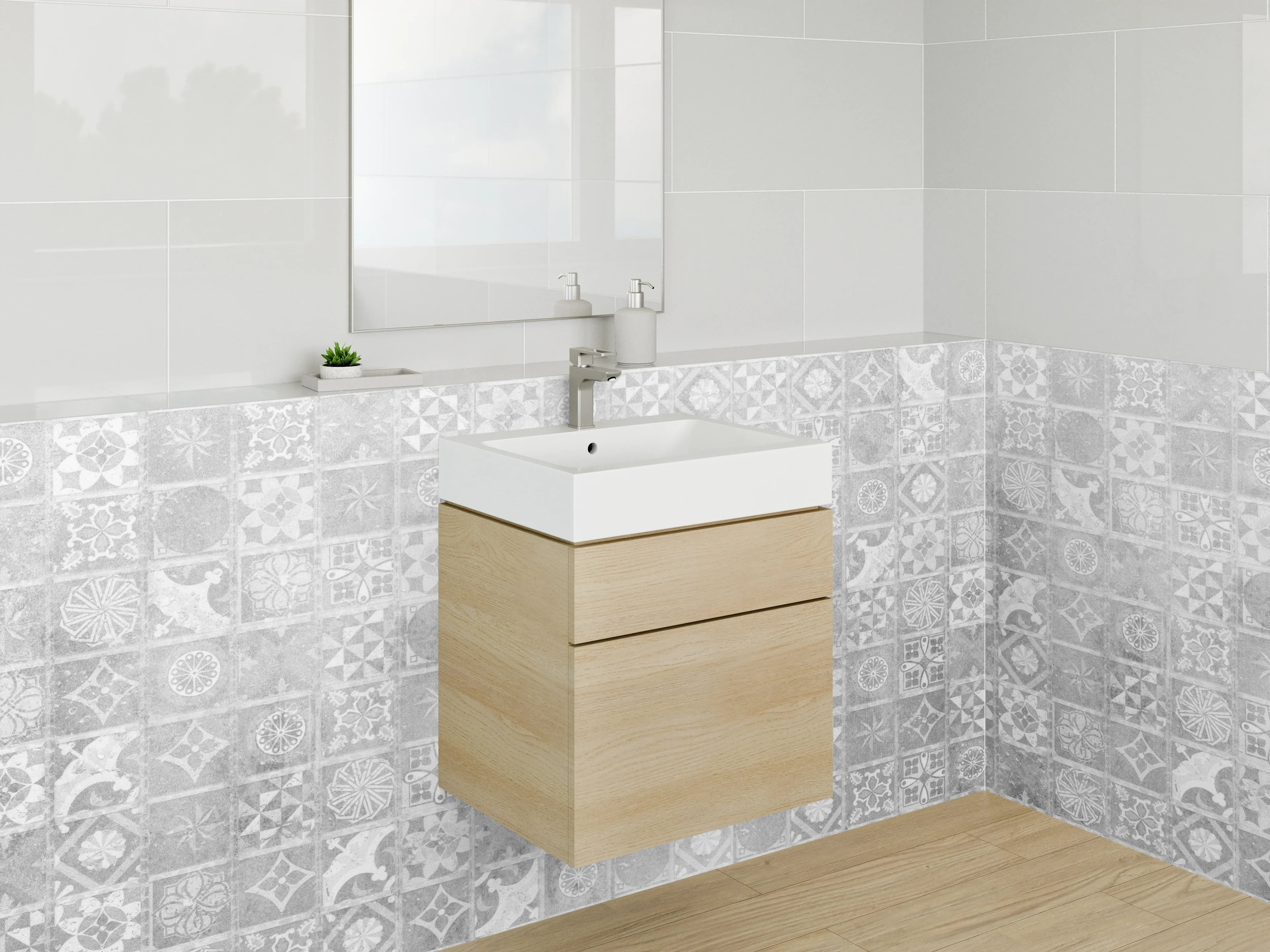 Waschbecken-Rückwand - Weiß-graue Retro Fliesen Patchwork Muster