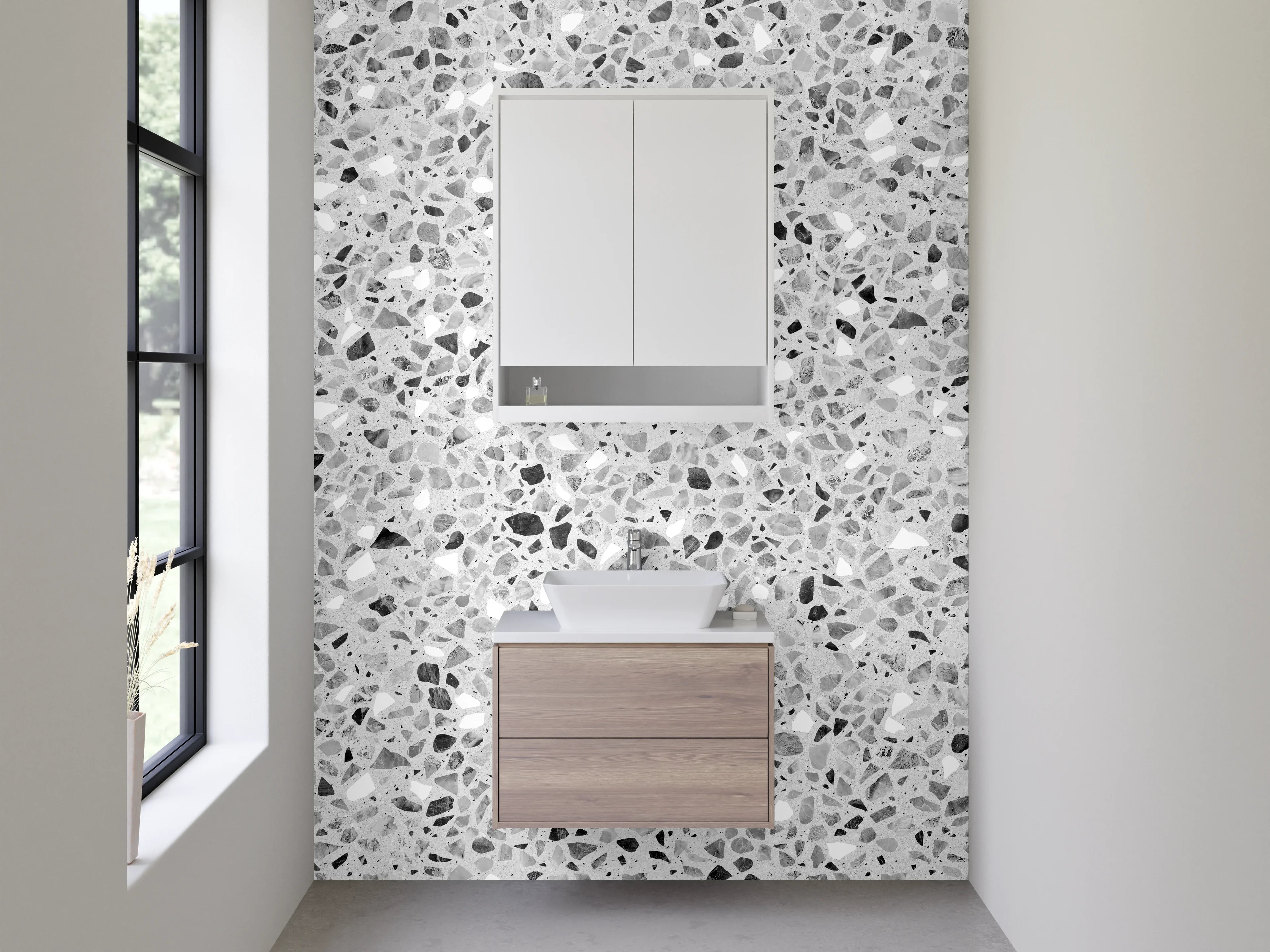 Waschbecken-Rückwand - Weiß-graue Terrazzo-Optik Steinmuster
