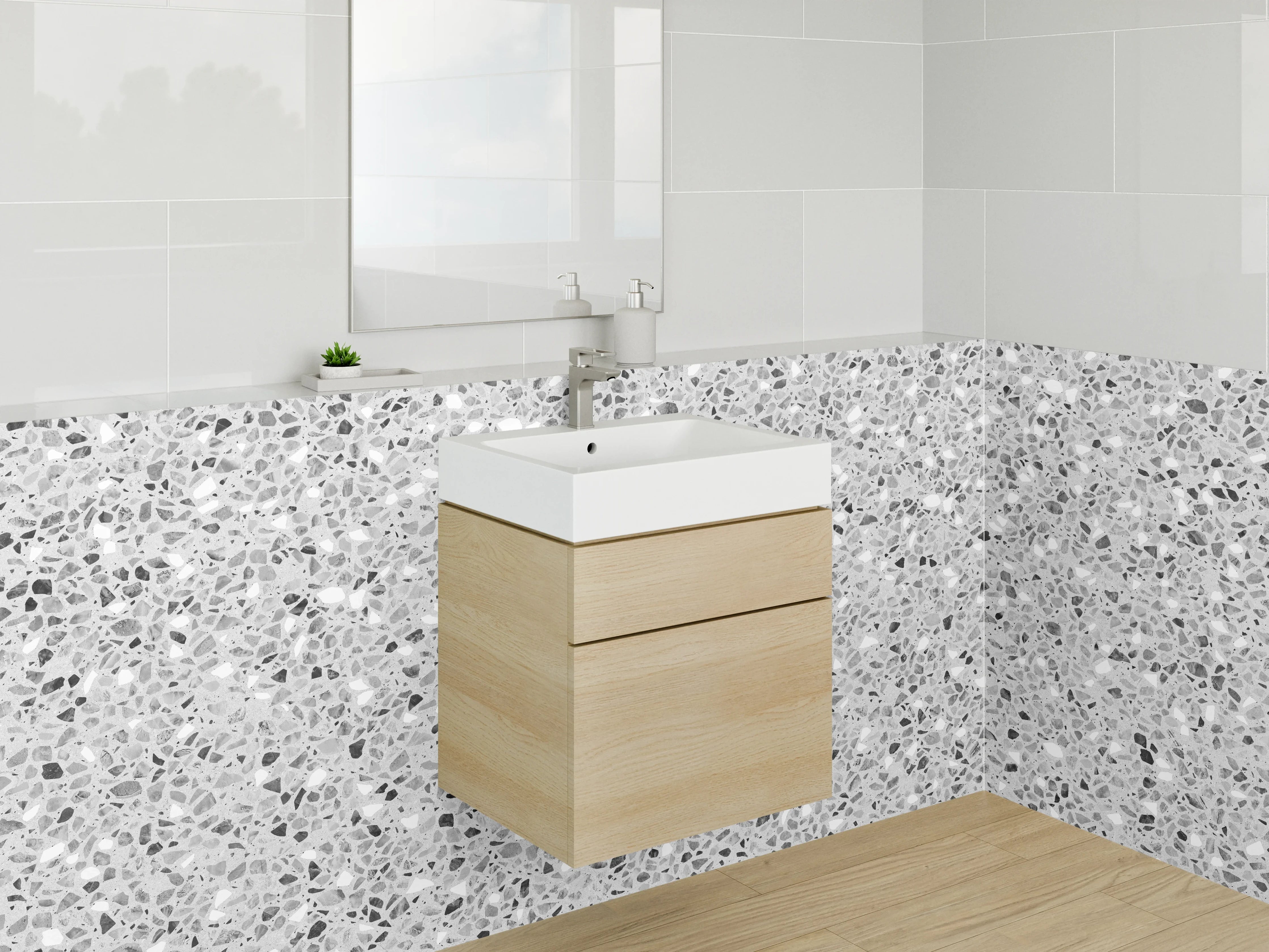 Waschbecken-Rückwand - Weiß-graue Terrazzo-Optik Steinmuster