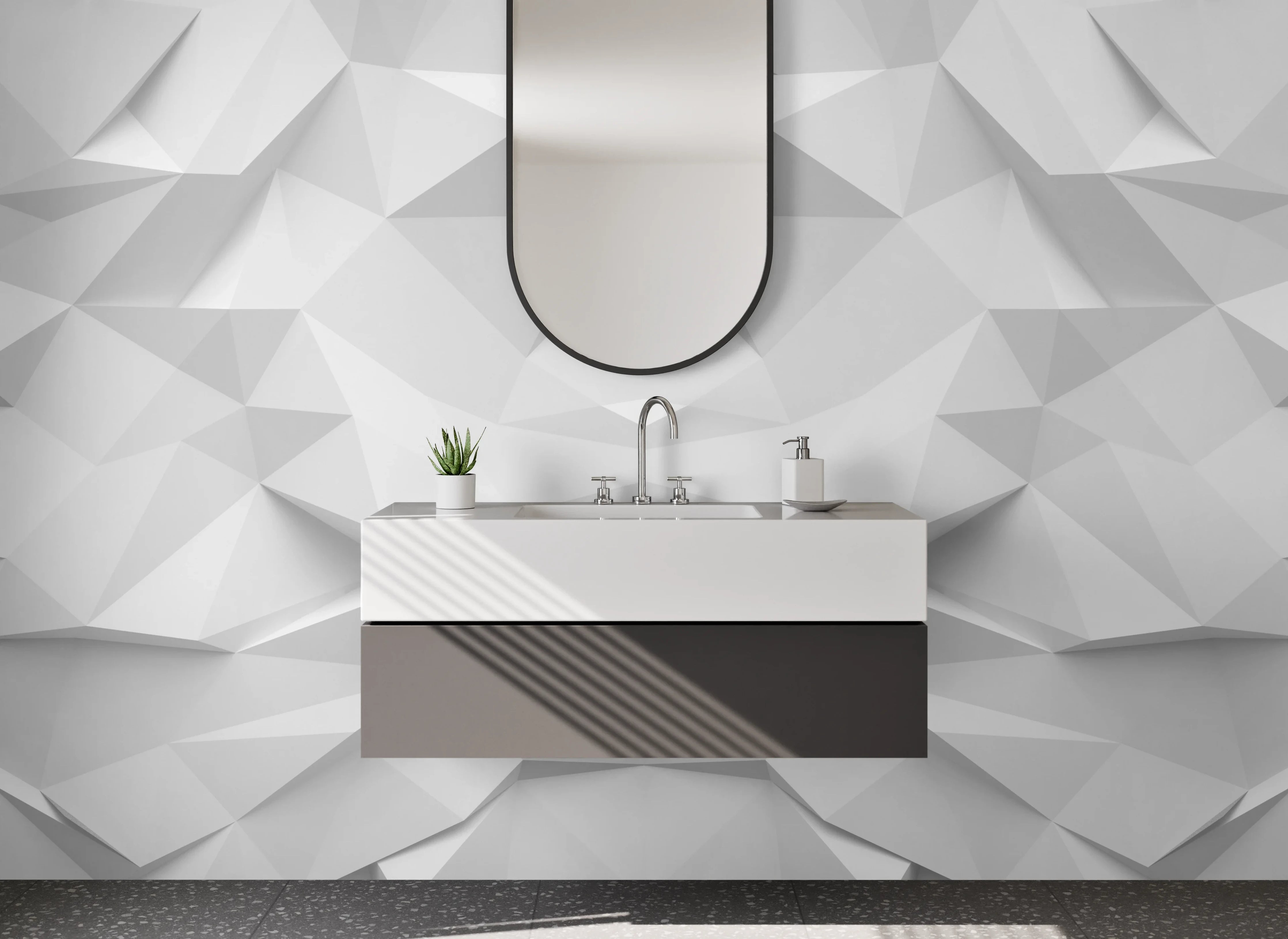 Waschbecken-Rückwand - Weiß-graue geometrische 3D-Optik