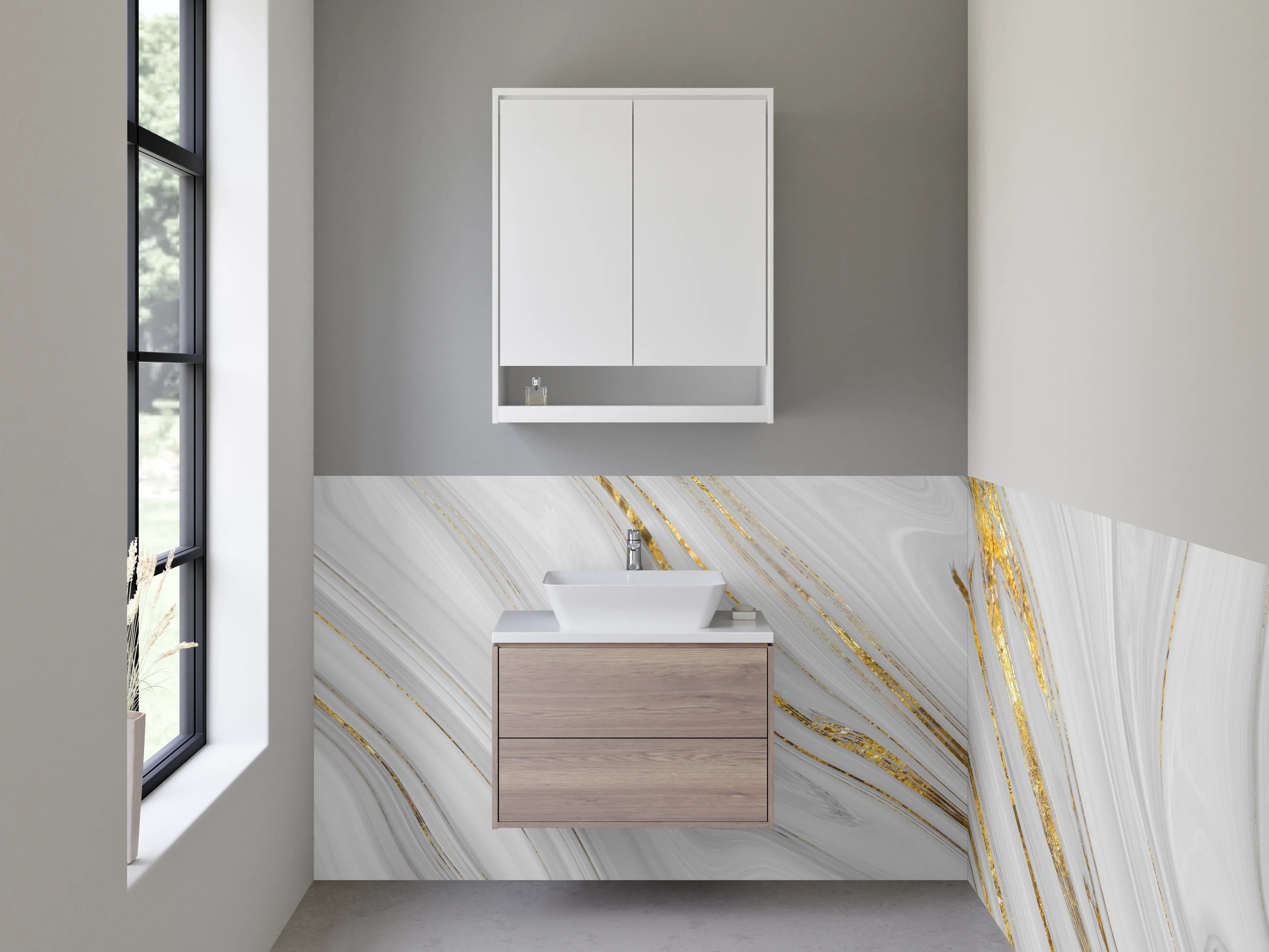 Waschbecken-Rückwand - Weiß-grauer Marmor mit Gold-Details