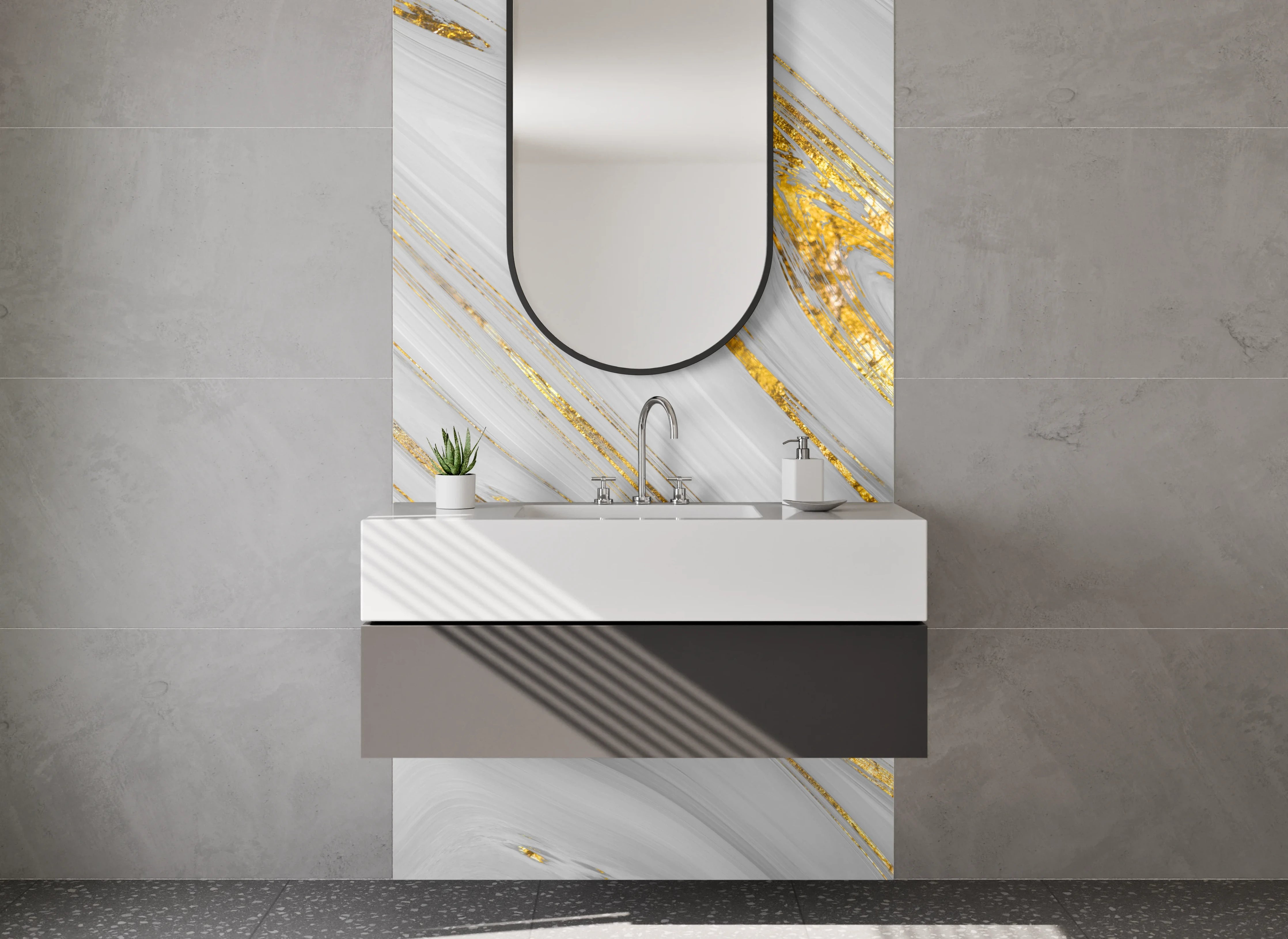 Waschbecken-Rückwand - Weiß-grauer Marmor mit Gold-Details