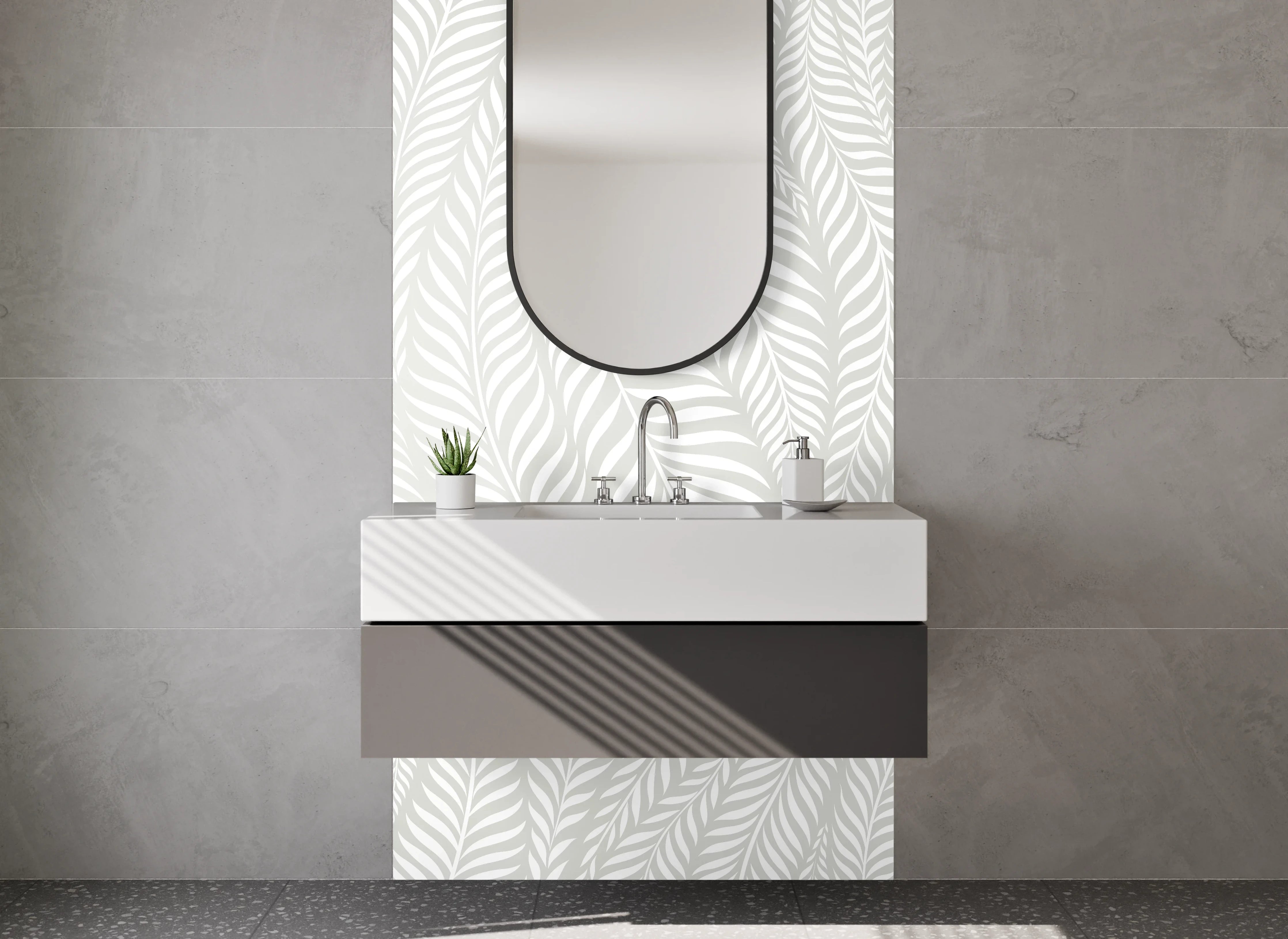 Waschbecken-Rückwand - Weiß-graues Blätter-Muster modern