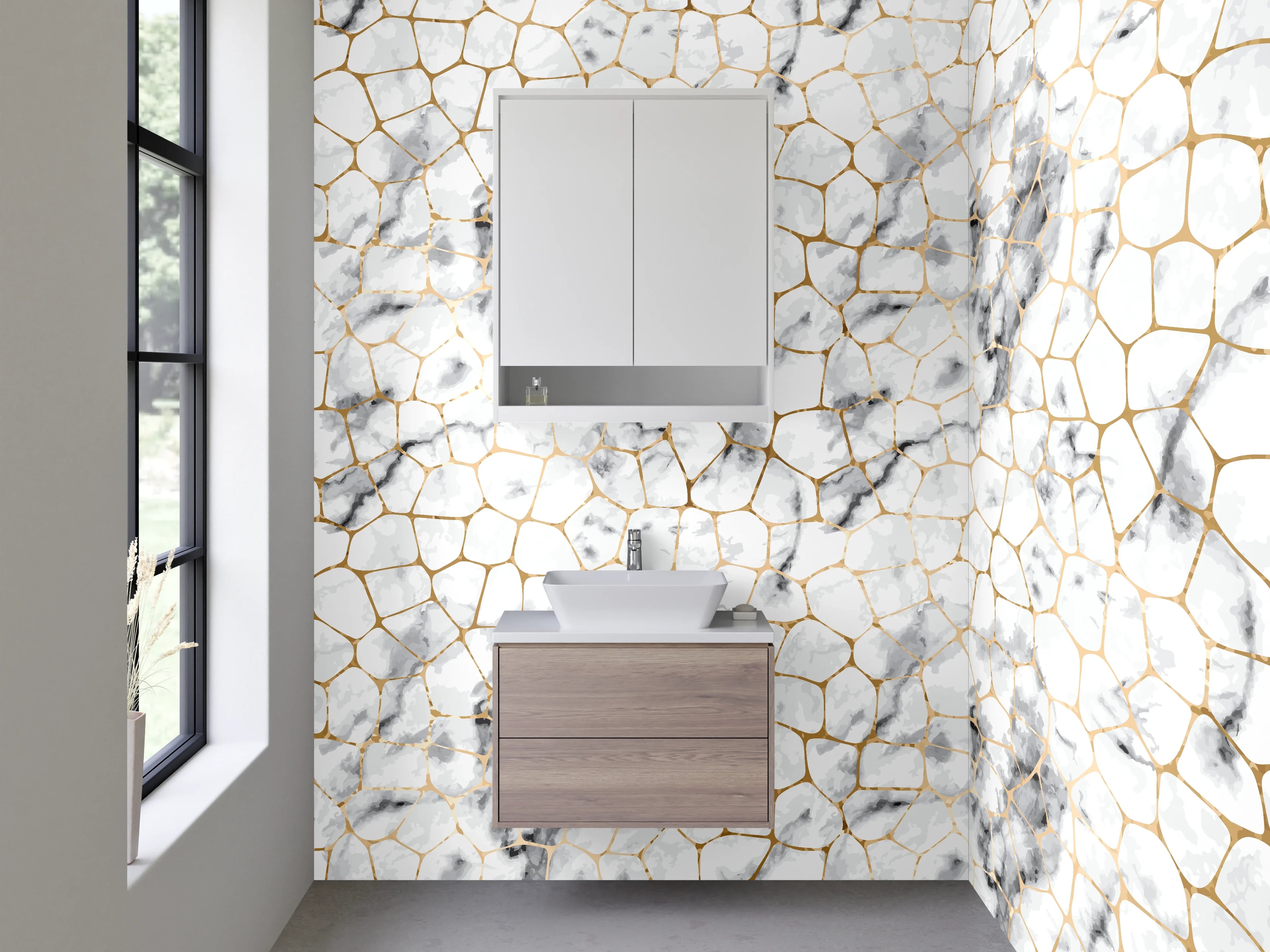 Waschbecken-Rückwand - Weiß-graues Marmor Mosaik Design