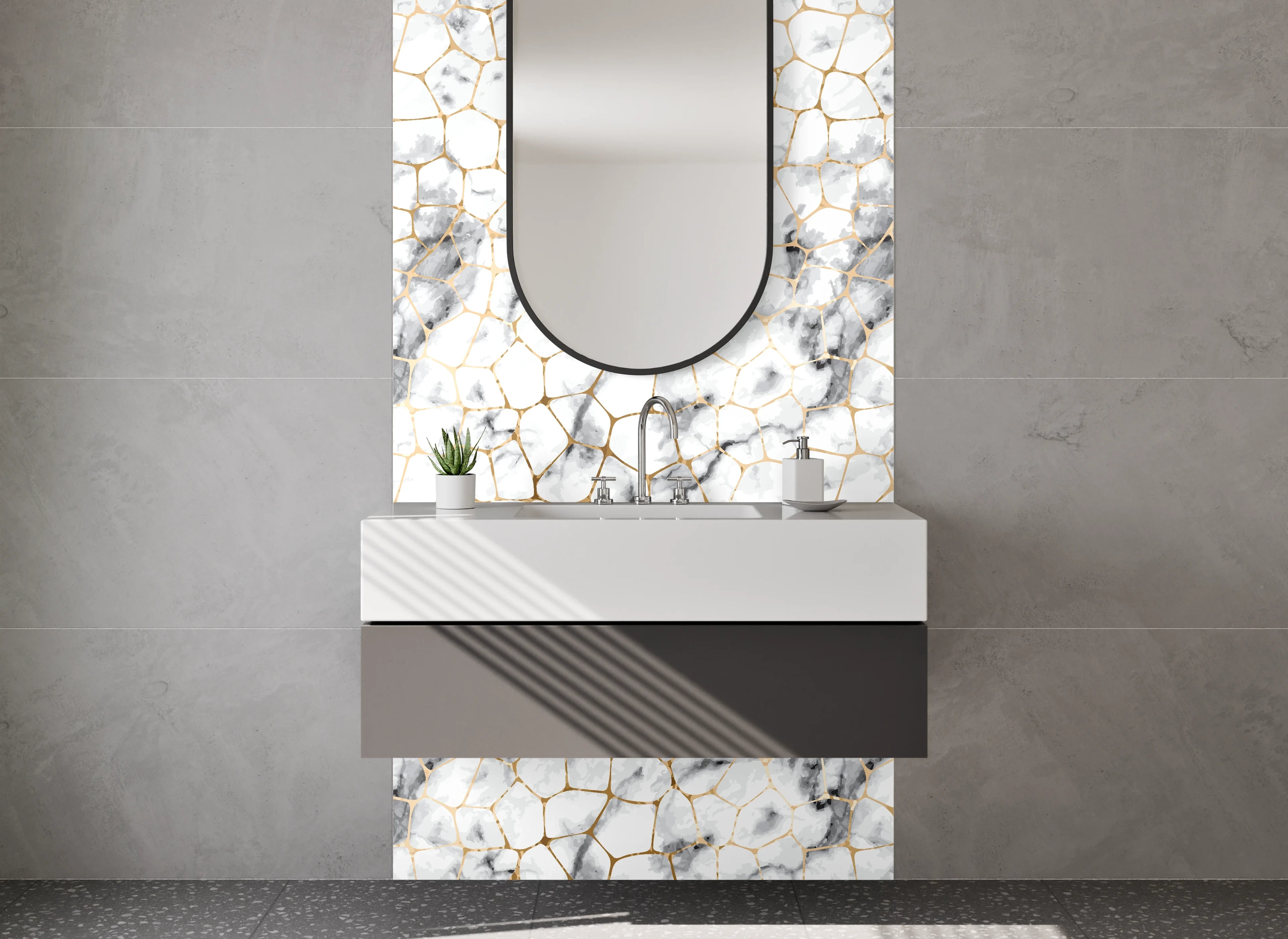 Waschbecken-Rückwand - Weiß-graues Marmor Mosaik Design