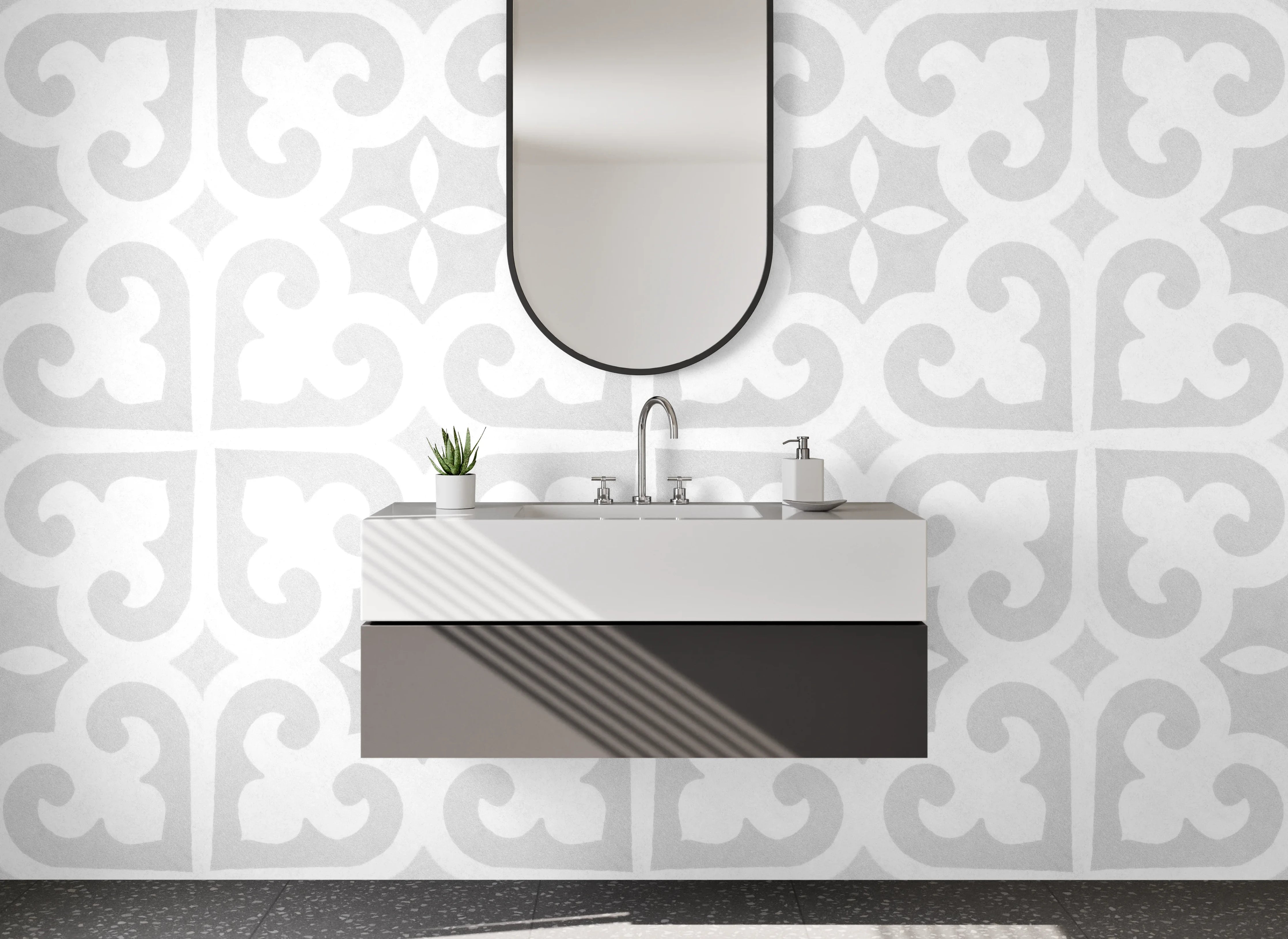 Waschbecken-Rückwand - Weiß-graues Ornamentmuster Fliesenoptik