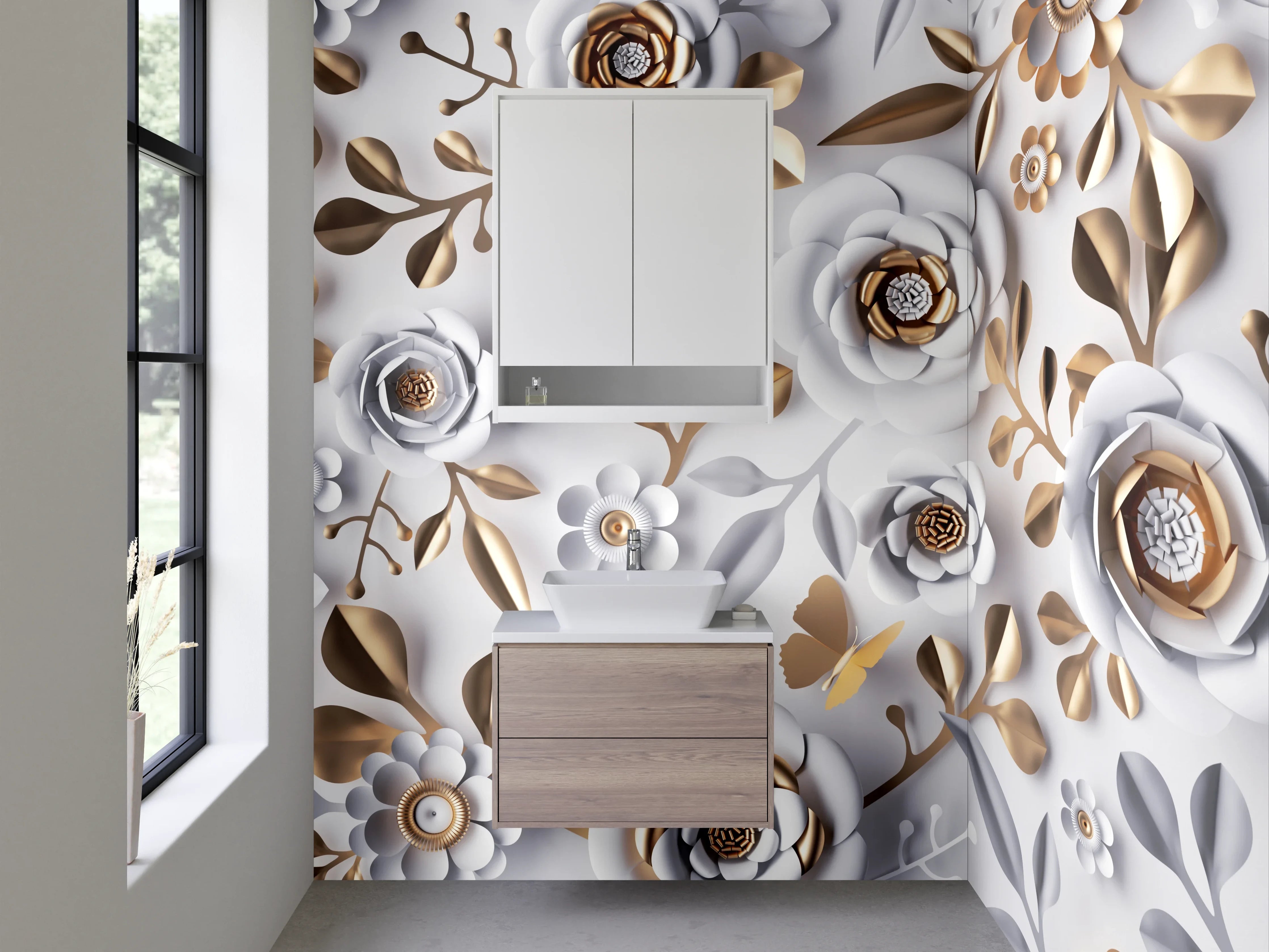 Waschbecken-Rückwand - Weiße 3D-Blumen mit Goldakzenten