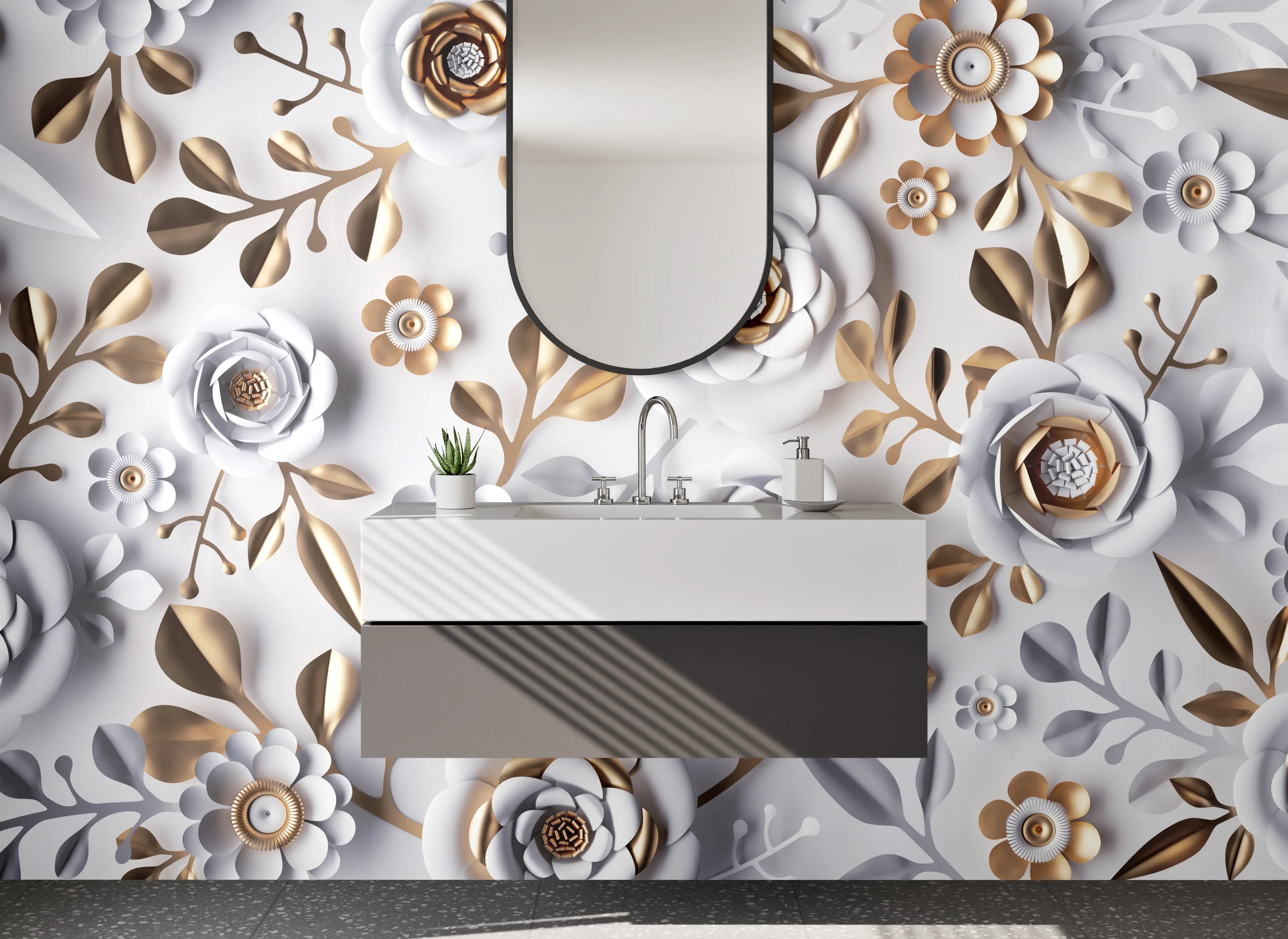 Waschbecken-Rückwand - Weiße 3D-Blumen mit Goldakzenten