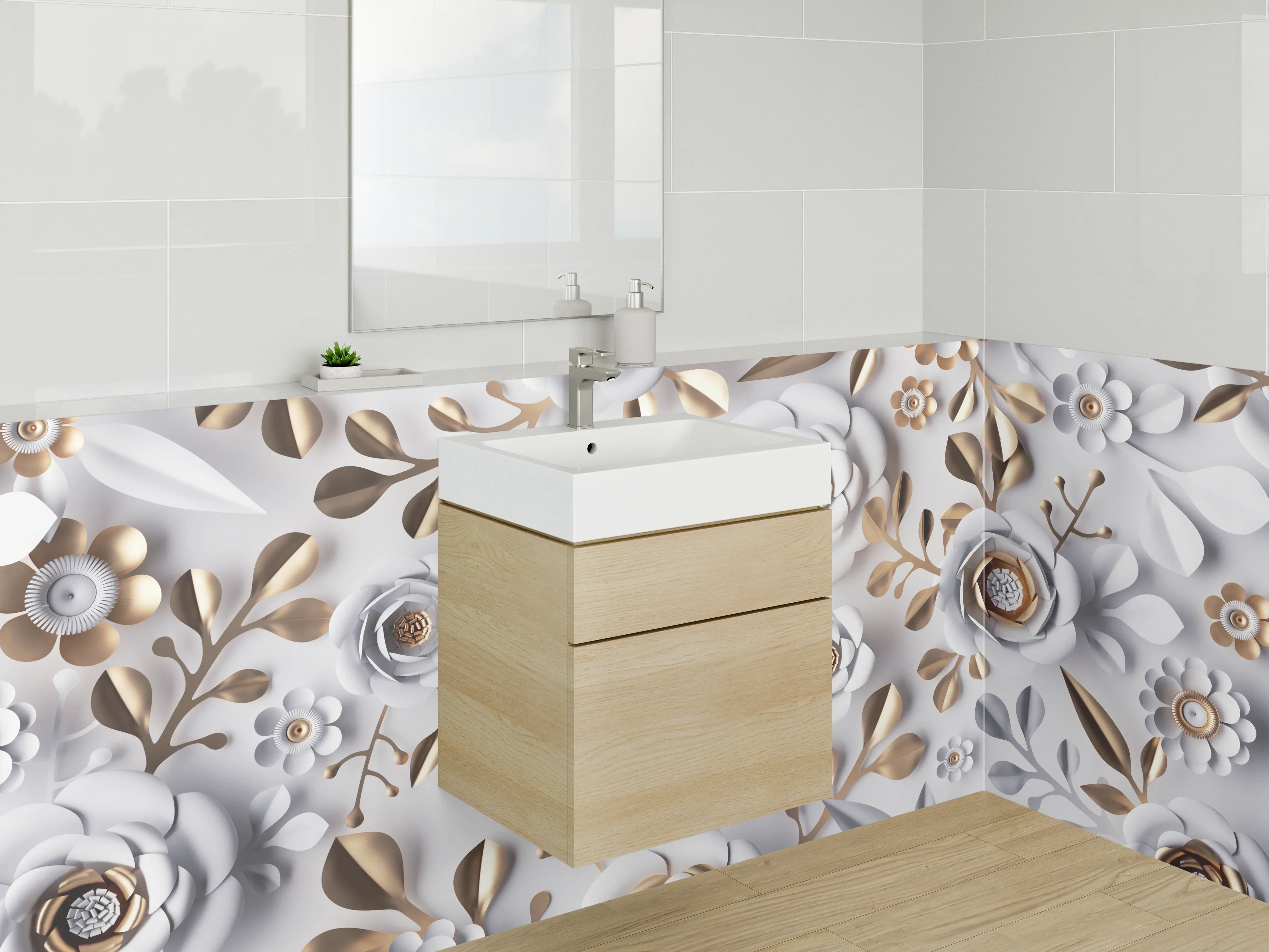 Waschbecken-Rückwand - Weiße 3D-Blumen mit Goldakzenten