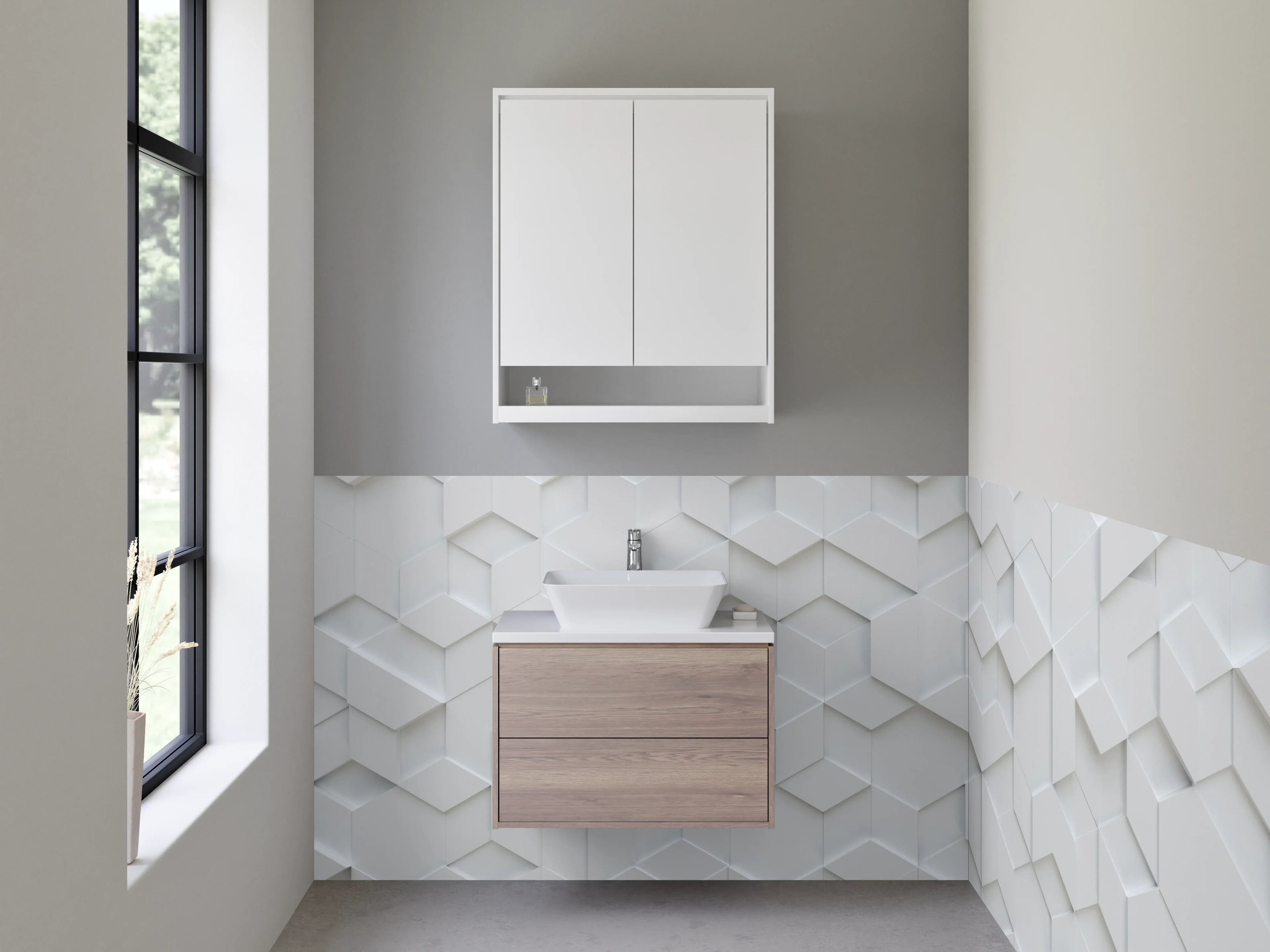 Waschbecken-Rückwand - Weiße 3D-Hexagon-Wand mit Schatteneffekt