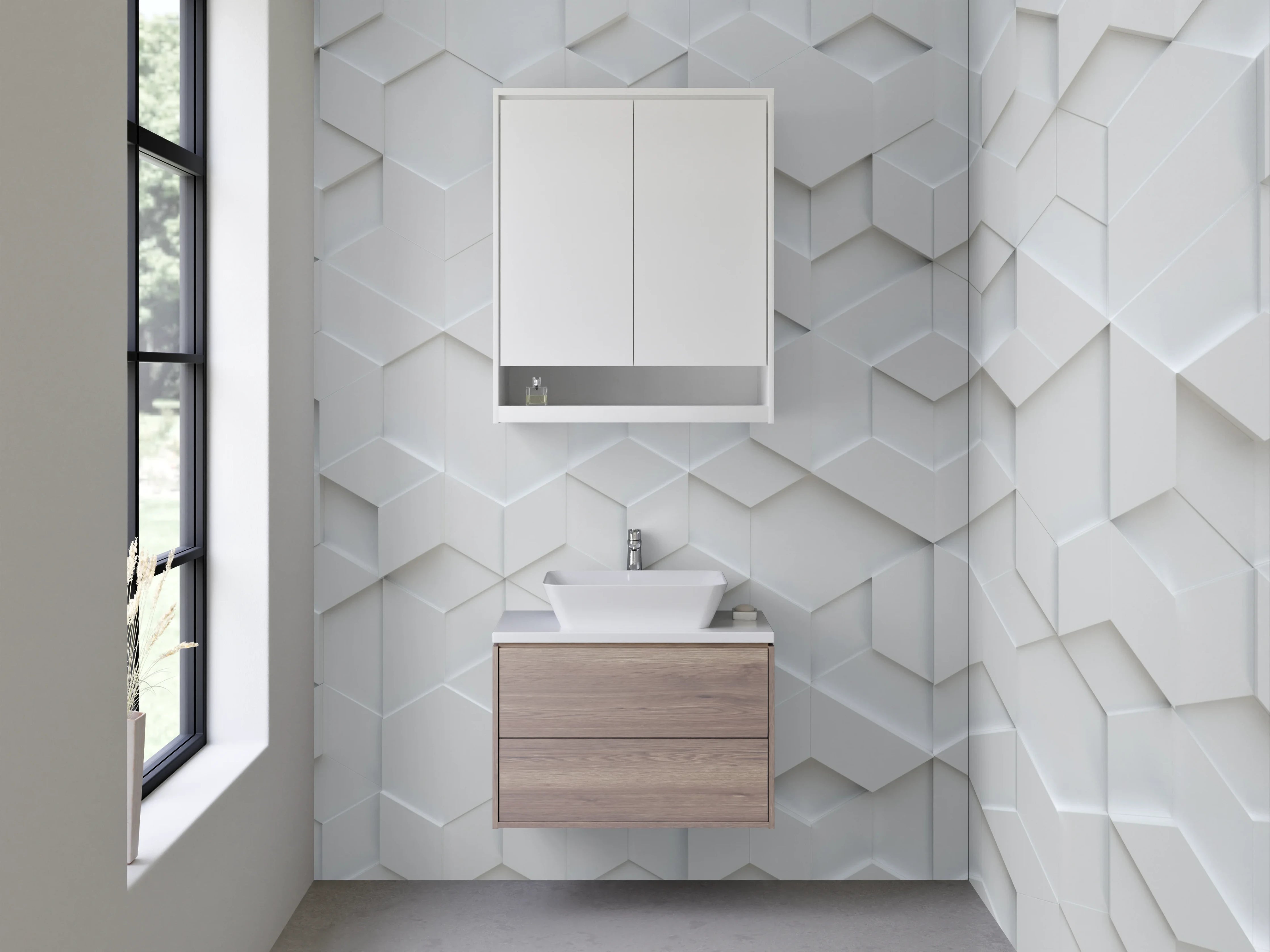 Waschbecken-Rückwand - Weiße 3D-Hexagon-Wand mit Schatteneffekt