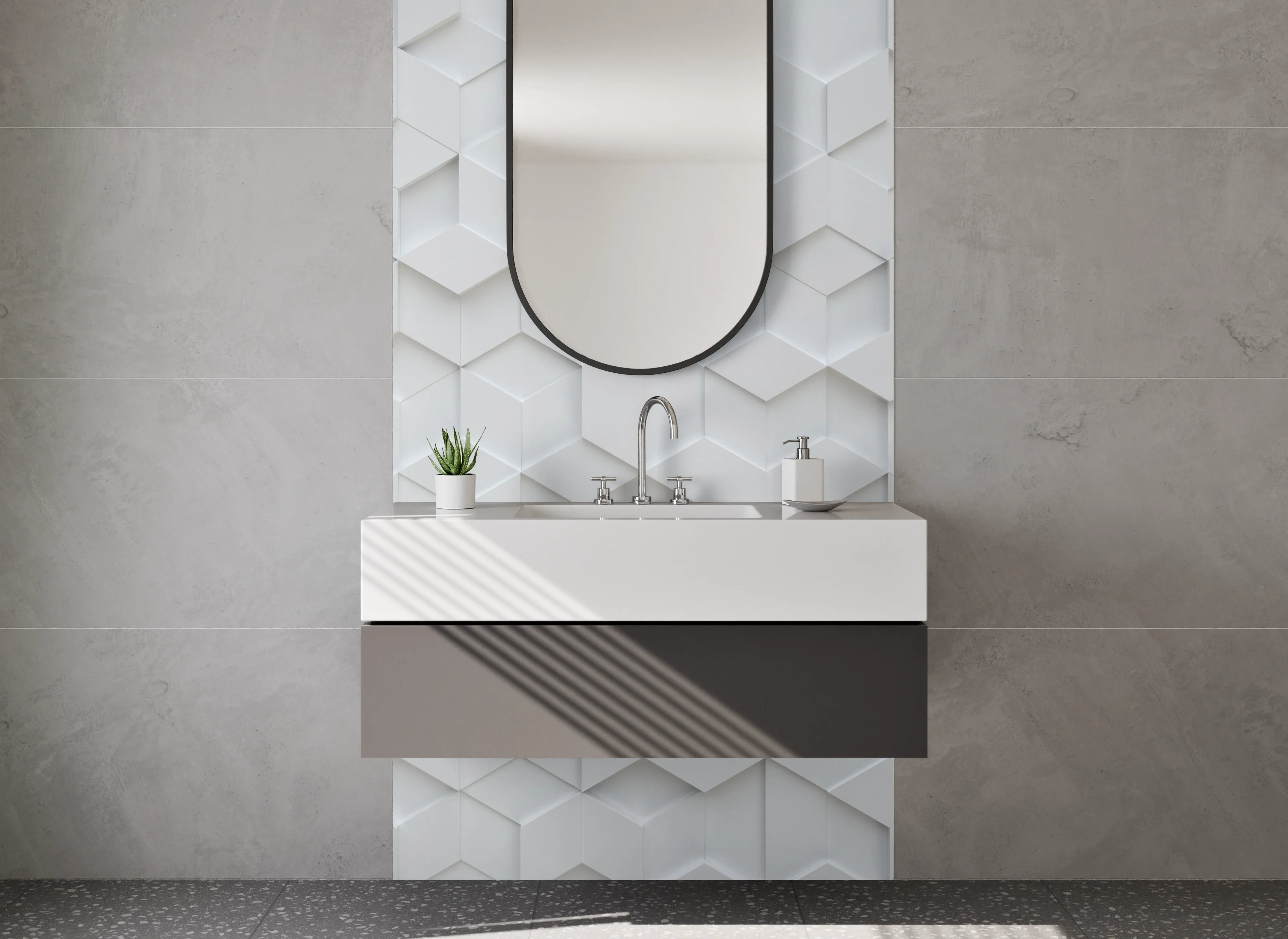 Waschbecken-Rückwand - Weiße 3D-Hexagon-Wand mit Schatteneffekt