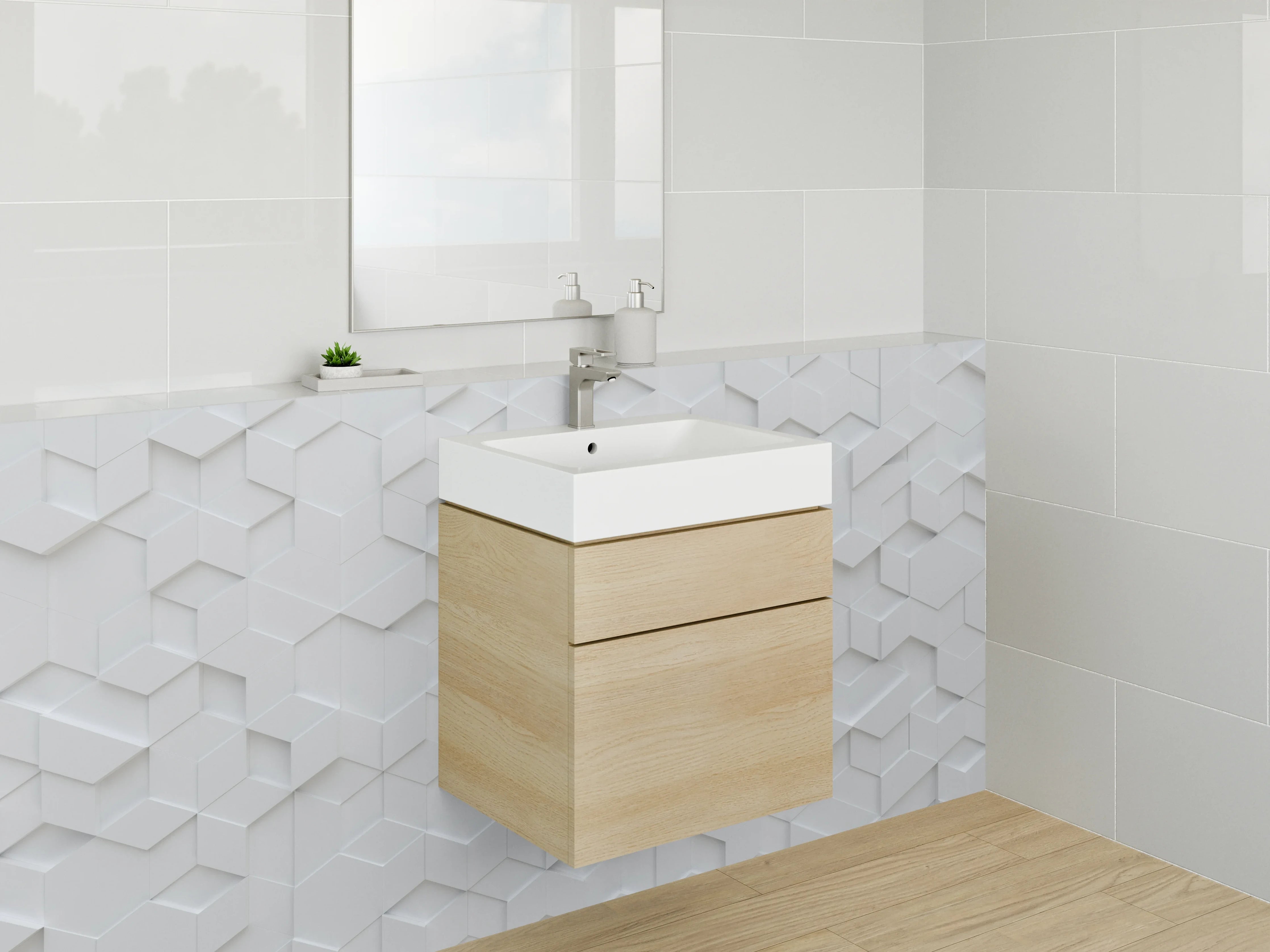 Waschbecken-Rückwand - Weiße 3D-Hexagon-Wand mit Schatteneffekt