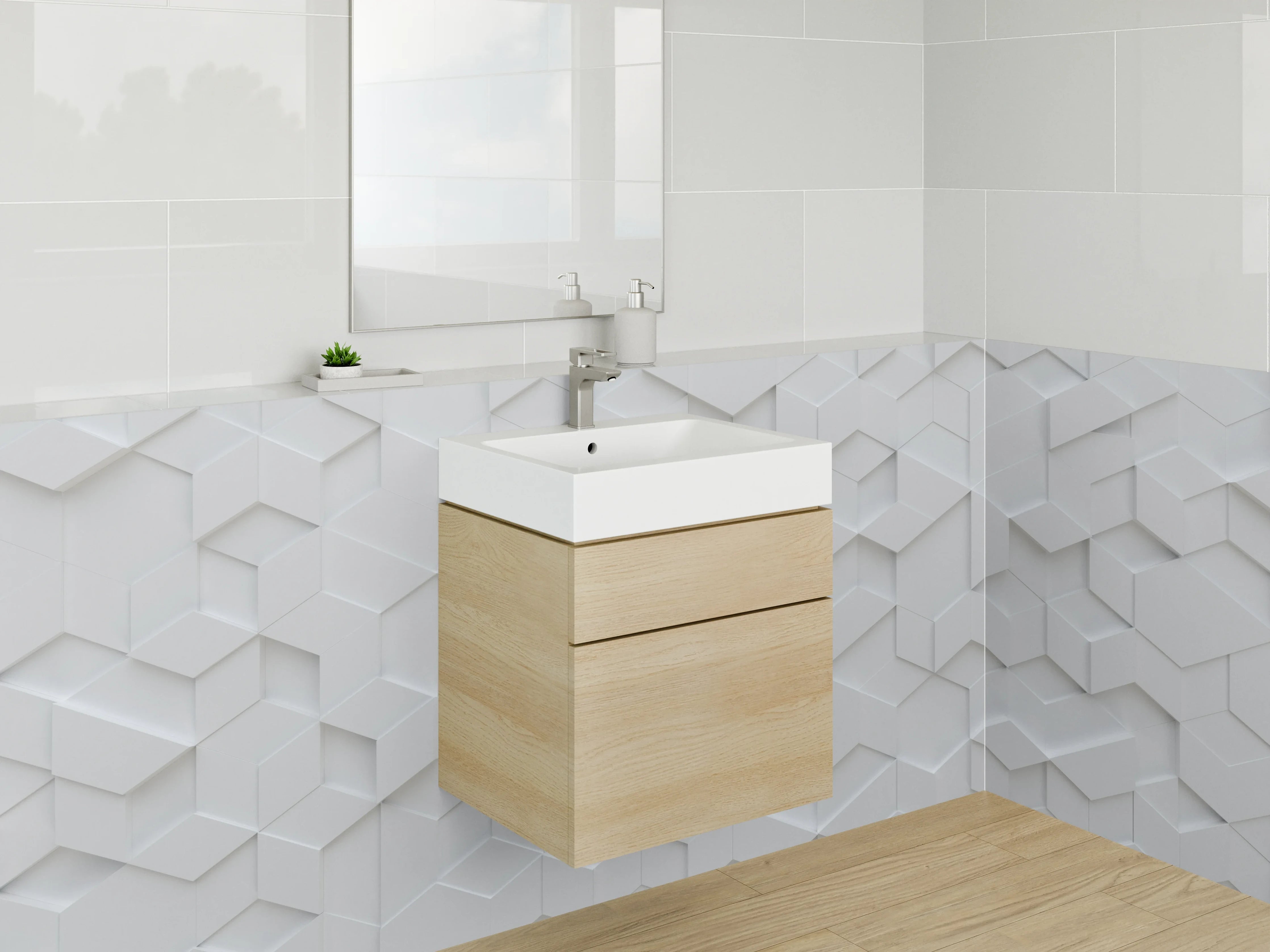 Waschbecken-Rückwand - Weiße 3D-Hexagon-Wand mit Schatteneffekt