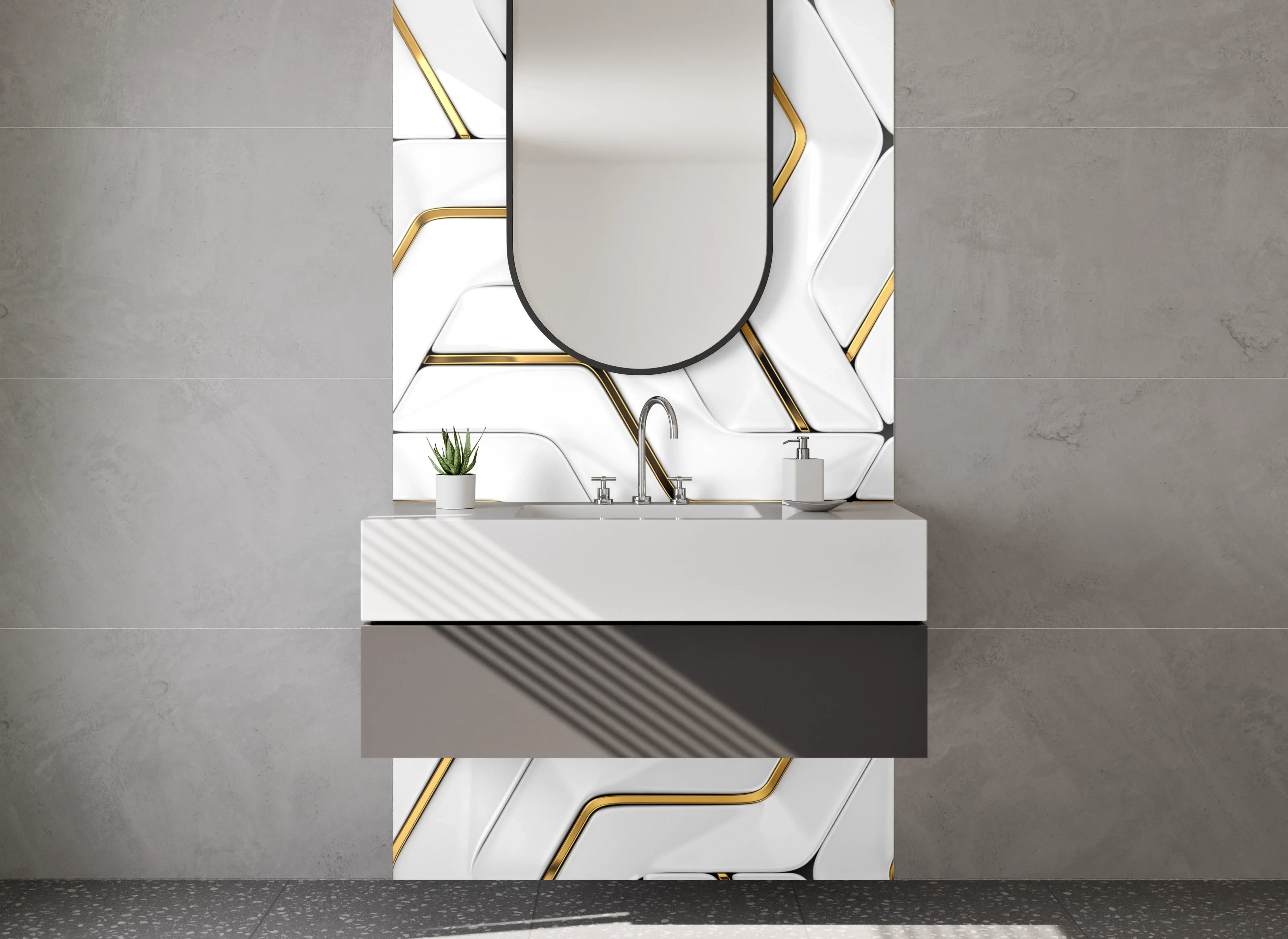 Waschbecken-Rückwand - Weiße 3D-Mosaik Struktur mit Goldakzent
