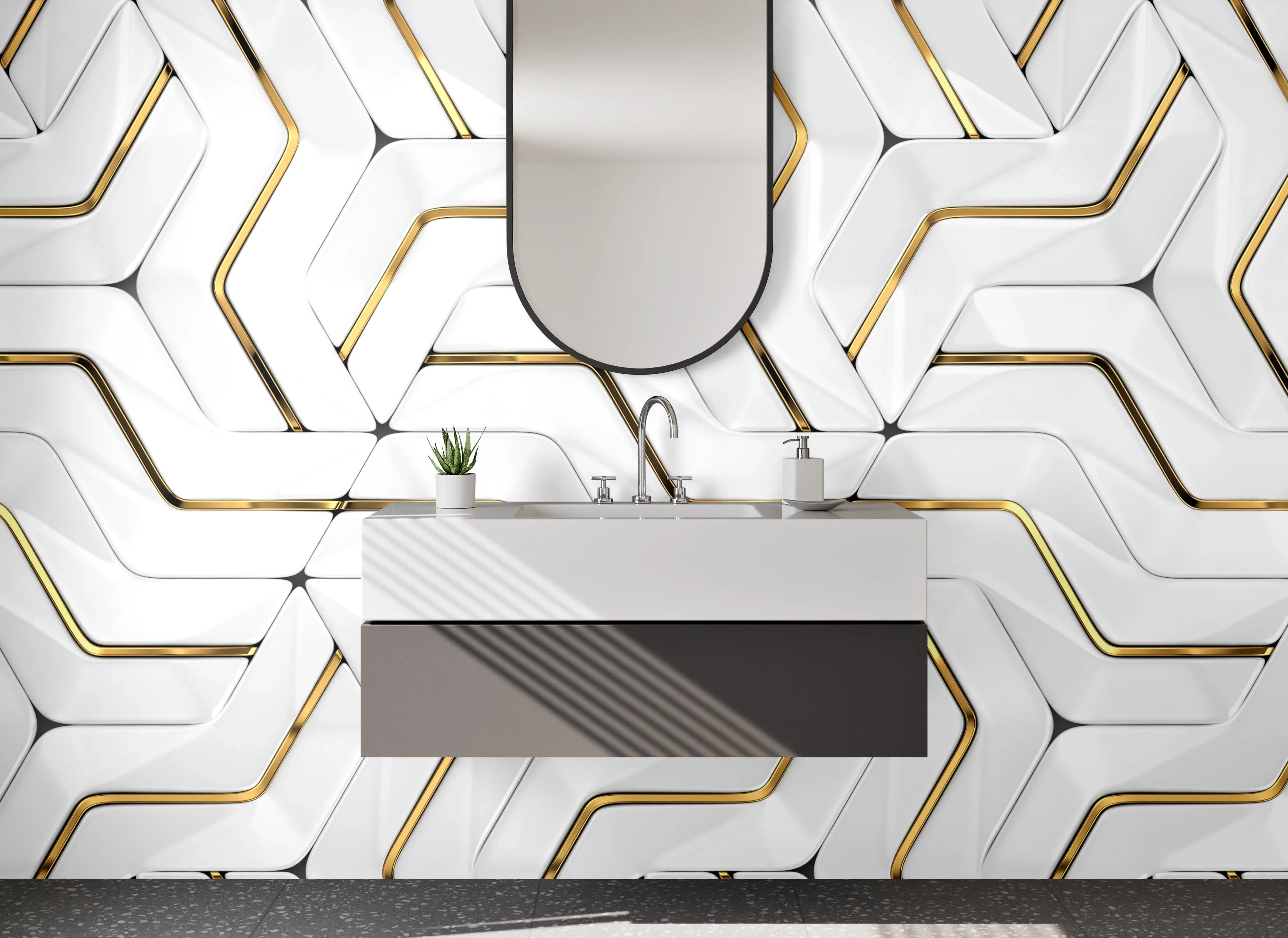 Waschbecken-Rückwand - Weiße 3D-Mosaik Struktur mit Goldakzent
