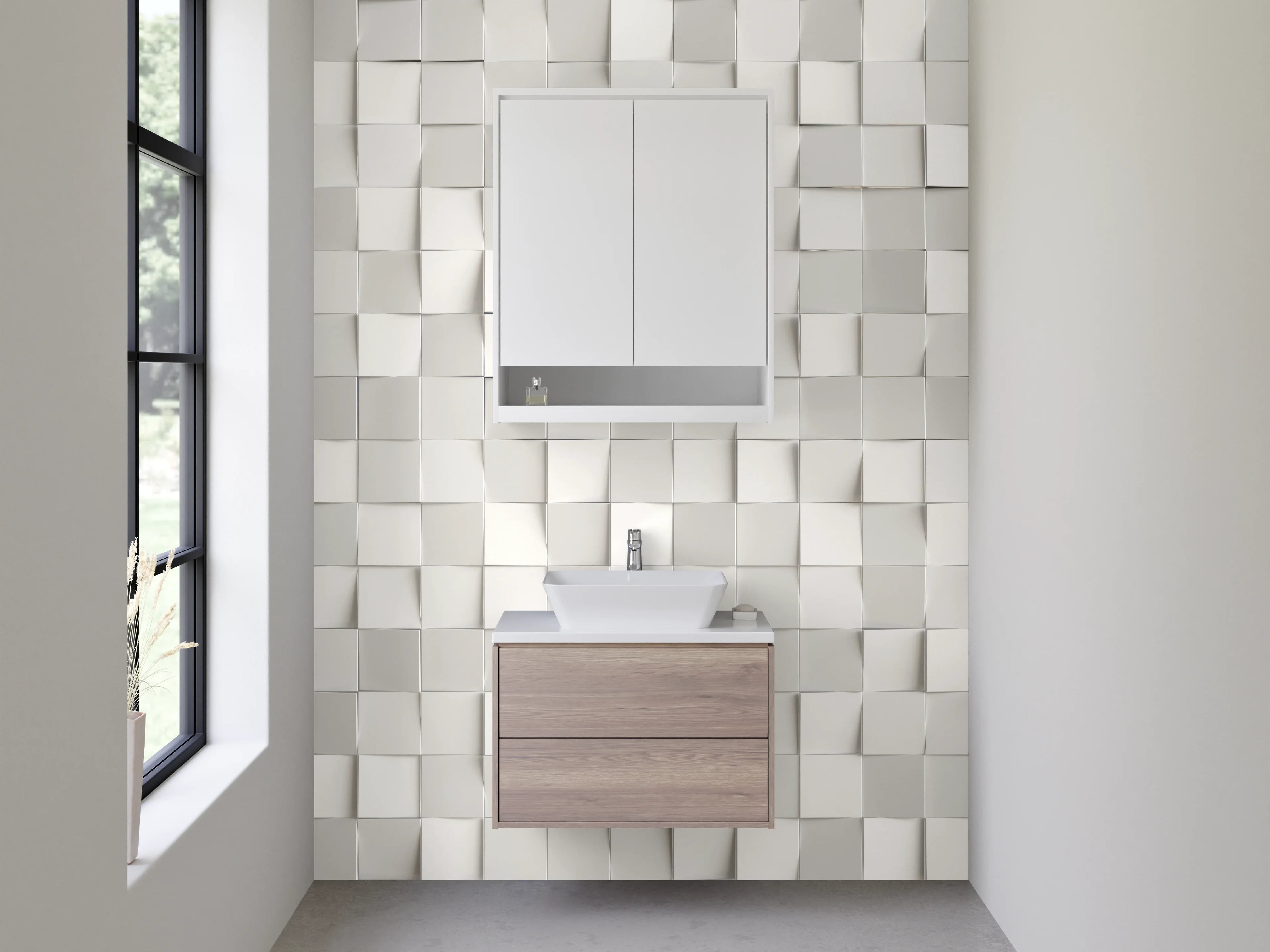 Waschbecken-Rückwand - Weiße 3D-Mosaik Strukturfliesen