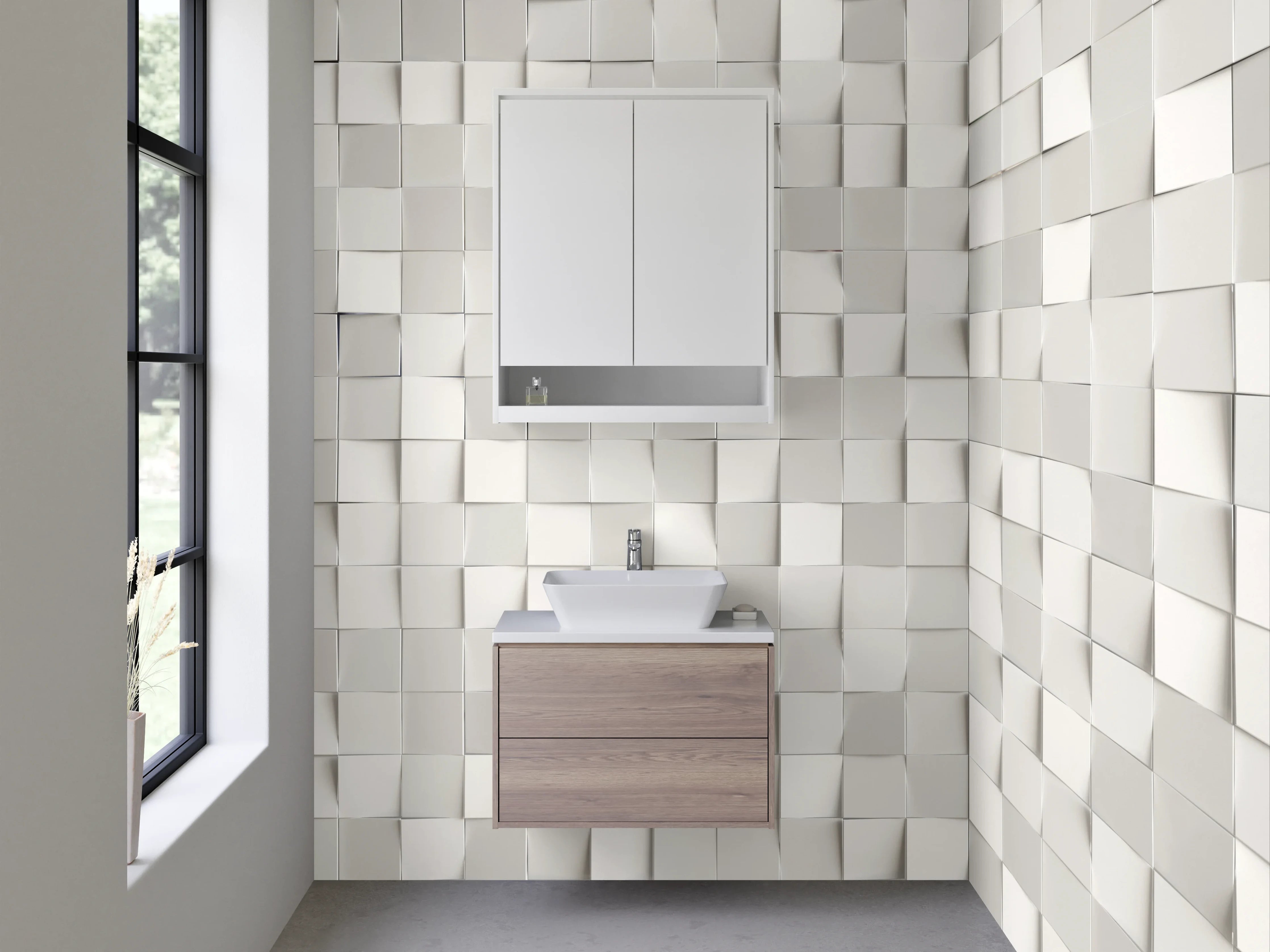 Waschbecken-Rückwand - Weiße 3D-Mosaik Strukturfliesen