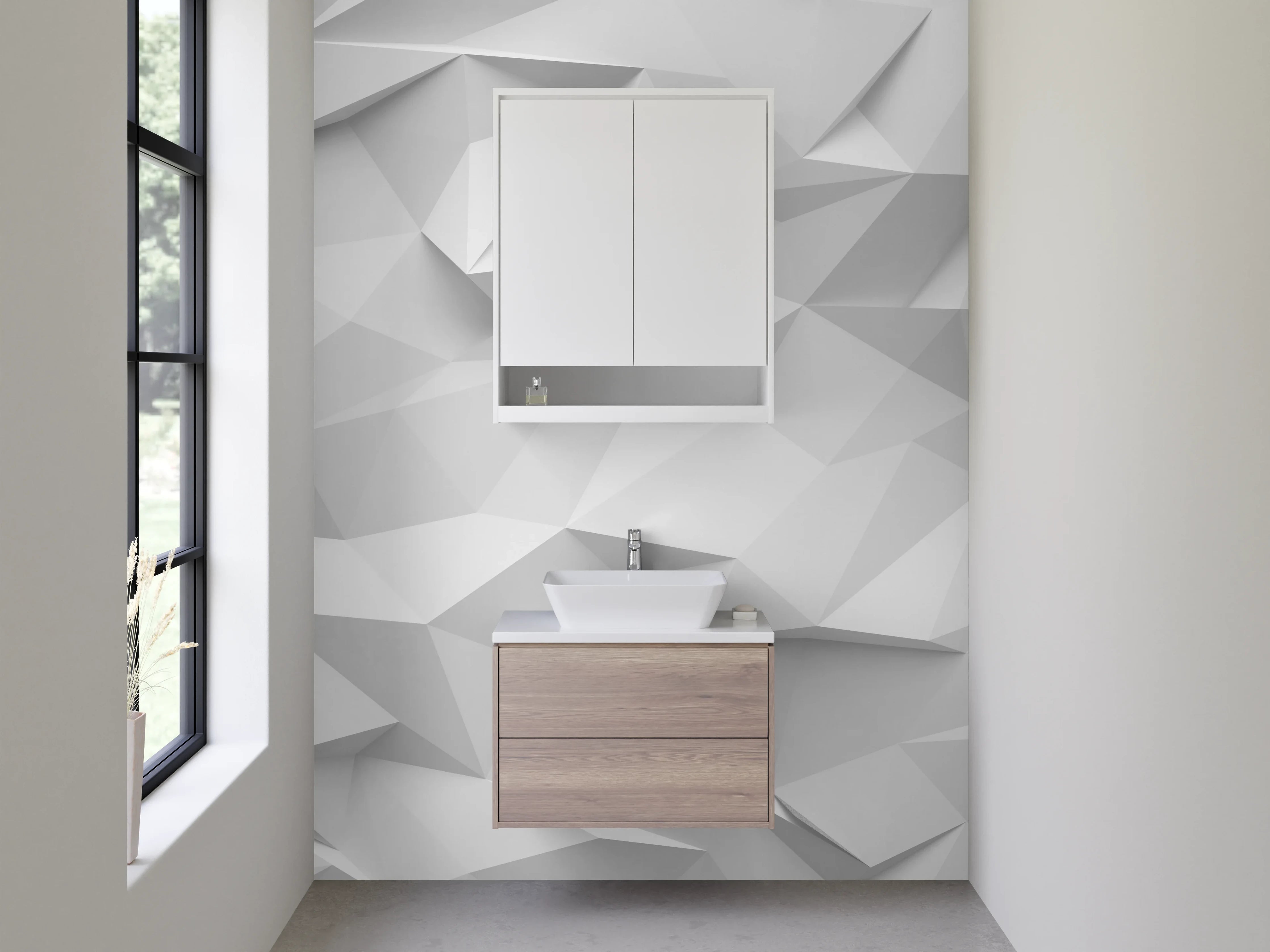 Waschbecken-Rückwand - Weiße 3D-Polygon-Optik Motiv
