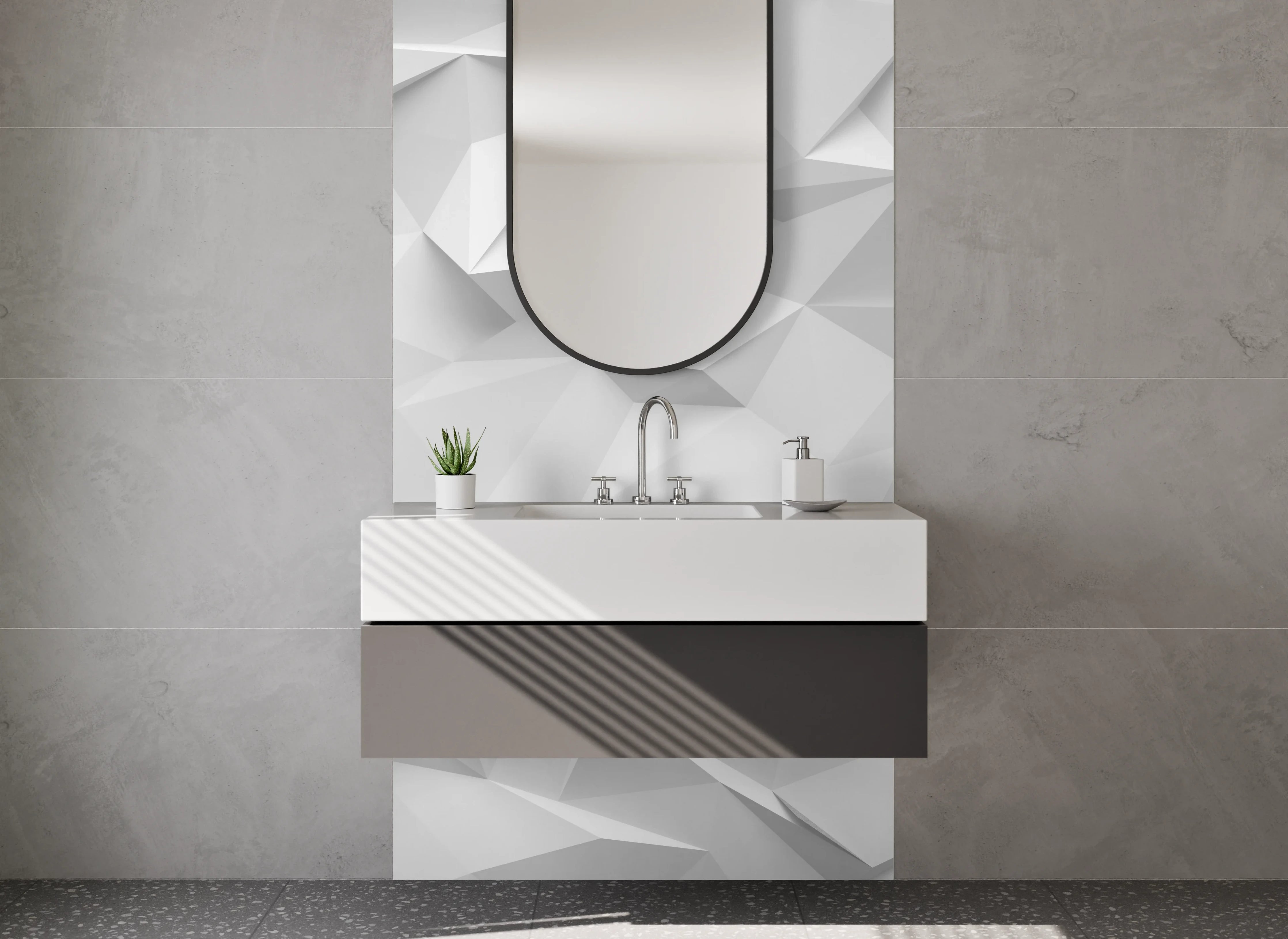 Waschbecken-Rückwand - Weiße 3D-Polygon-Optik Motiv