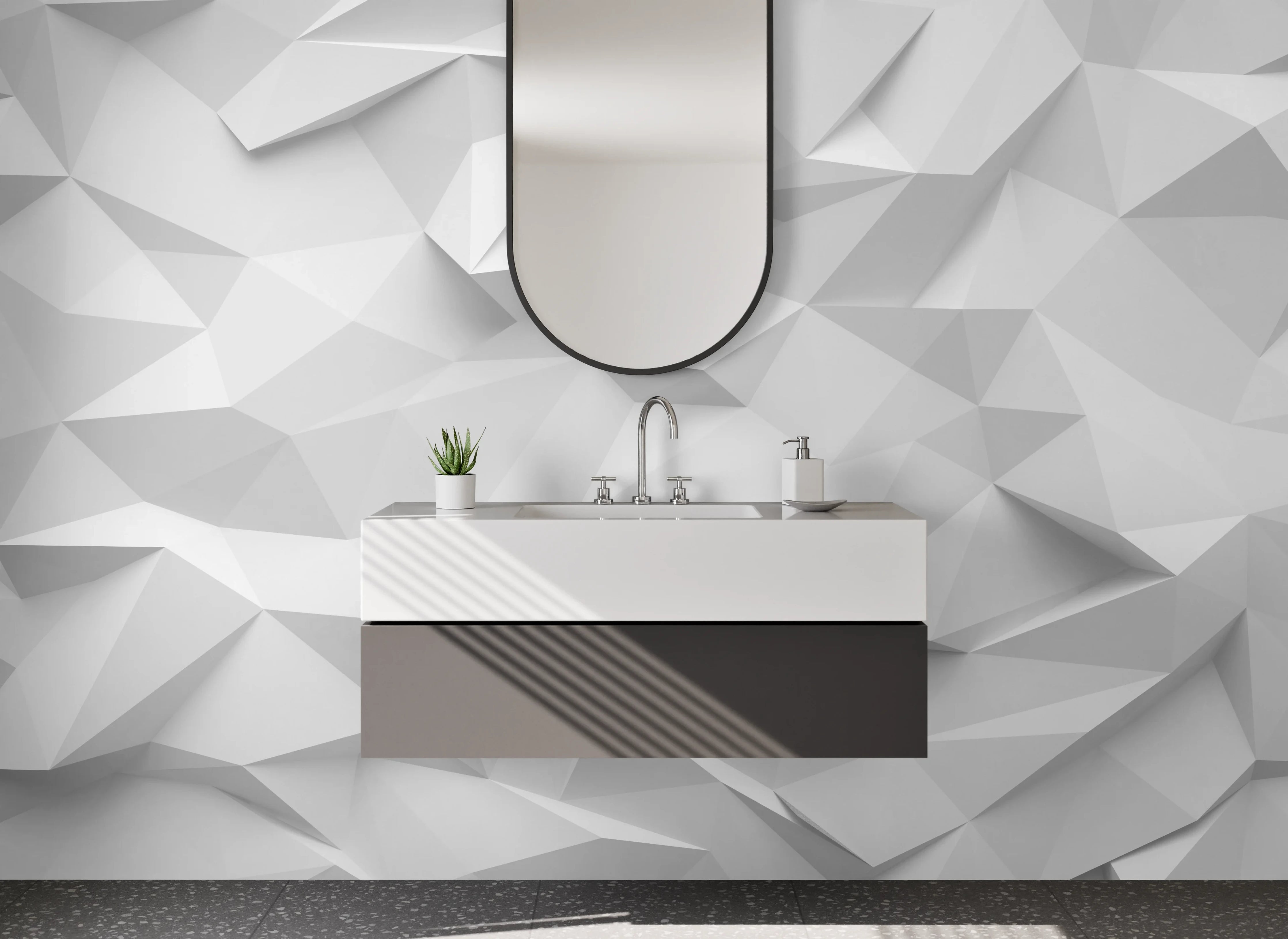 Waschbecken-Rückwand - Weiße 3D-Polygon-Optik Motiv