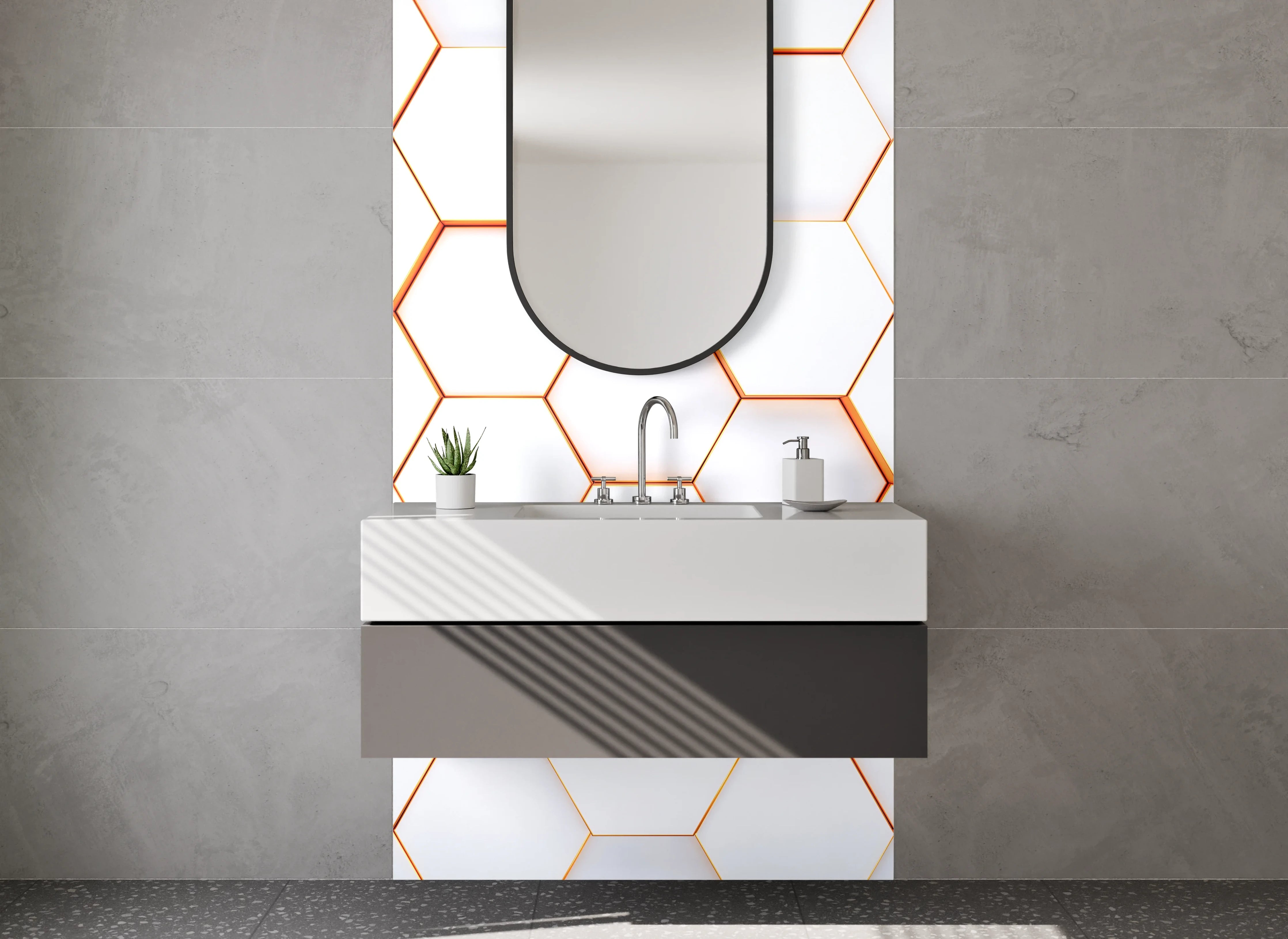 Waschbecken-Rückwand - Weiße 3D-Waben Hexagon Wanddeko