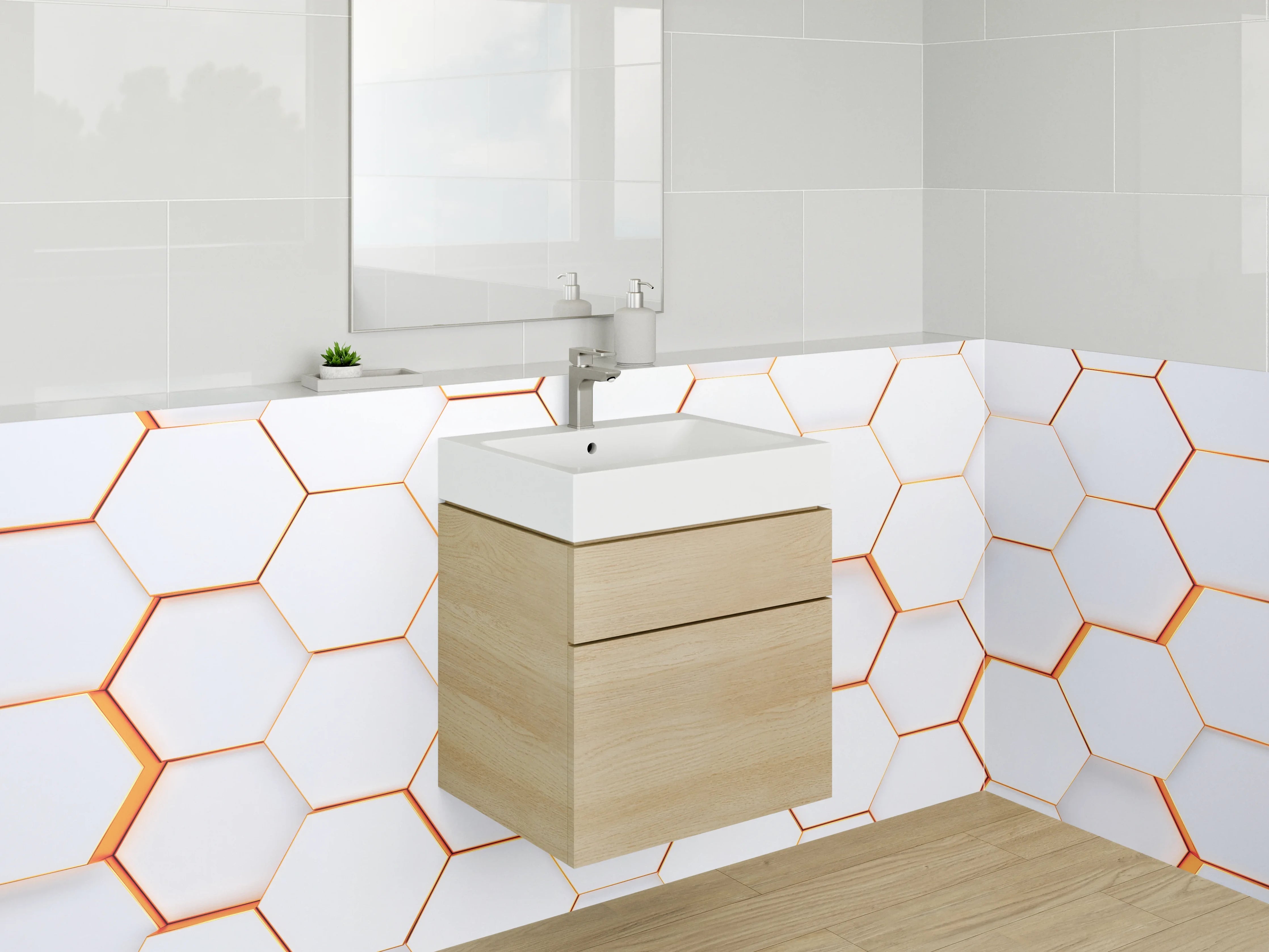 Waschbecken-Rückwand - Weiße 3D-Waben Hexagon Wanddeko