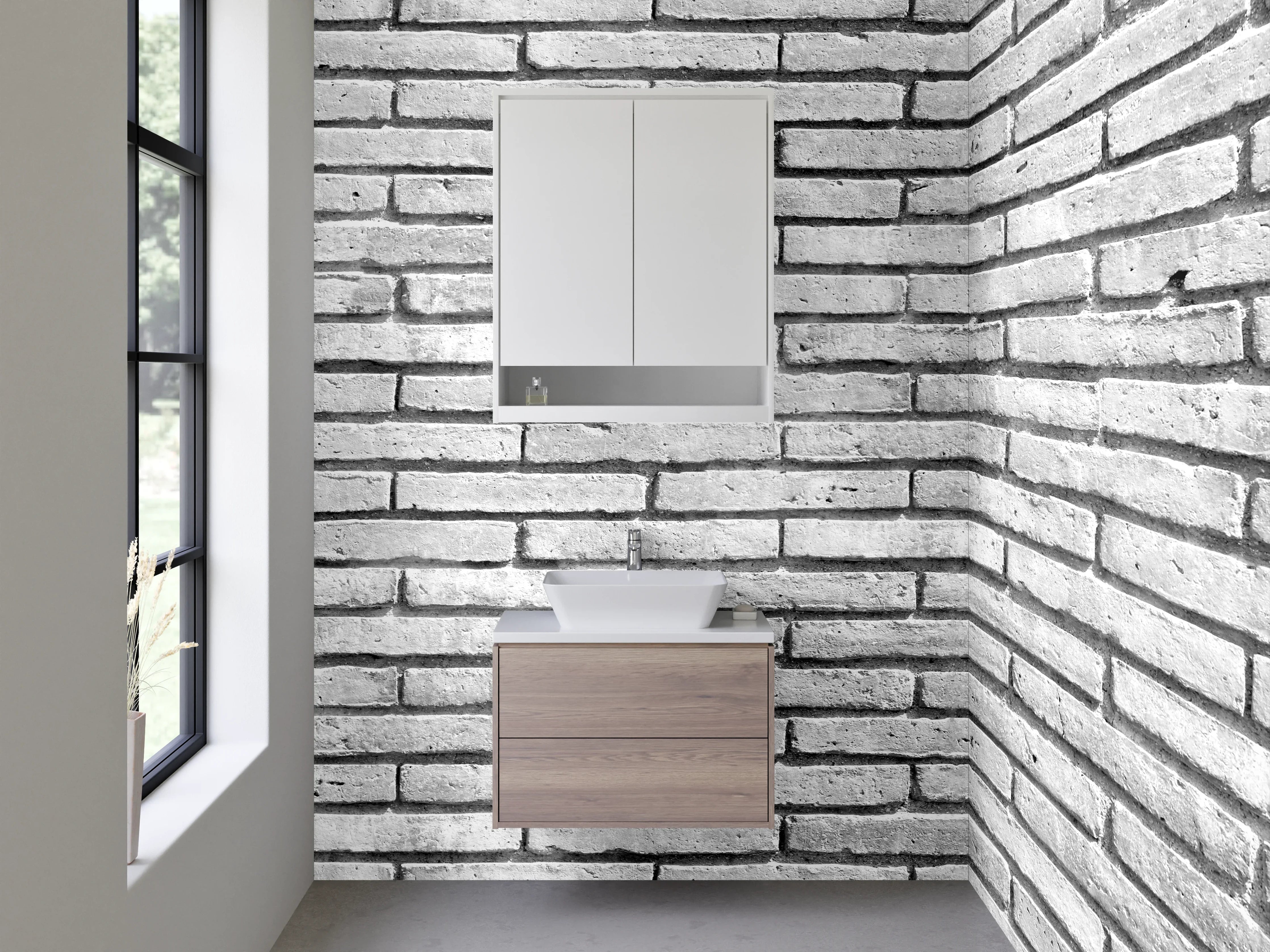 Waschbecken-Rückwand - Weiße Backsteinmauer – Schwarz-Weiß Optik