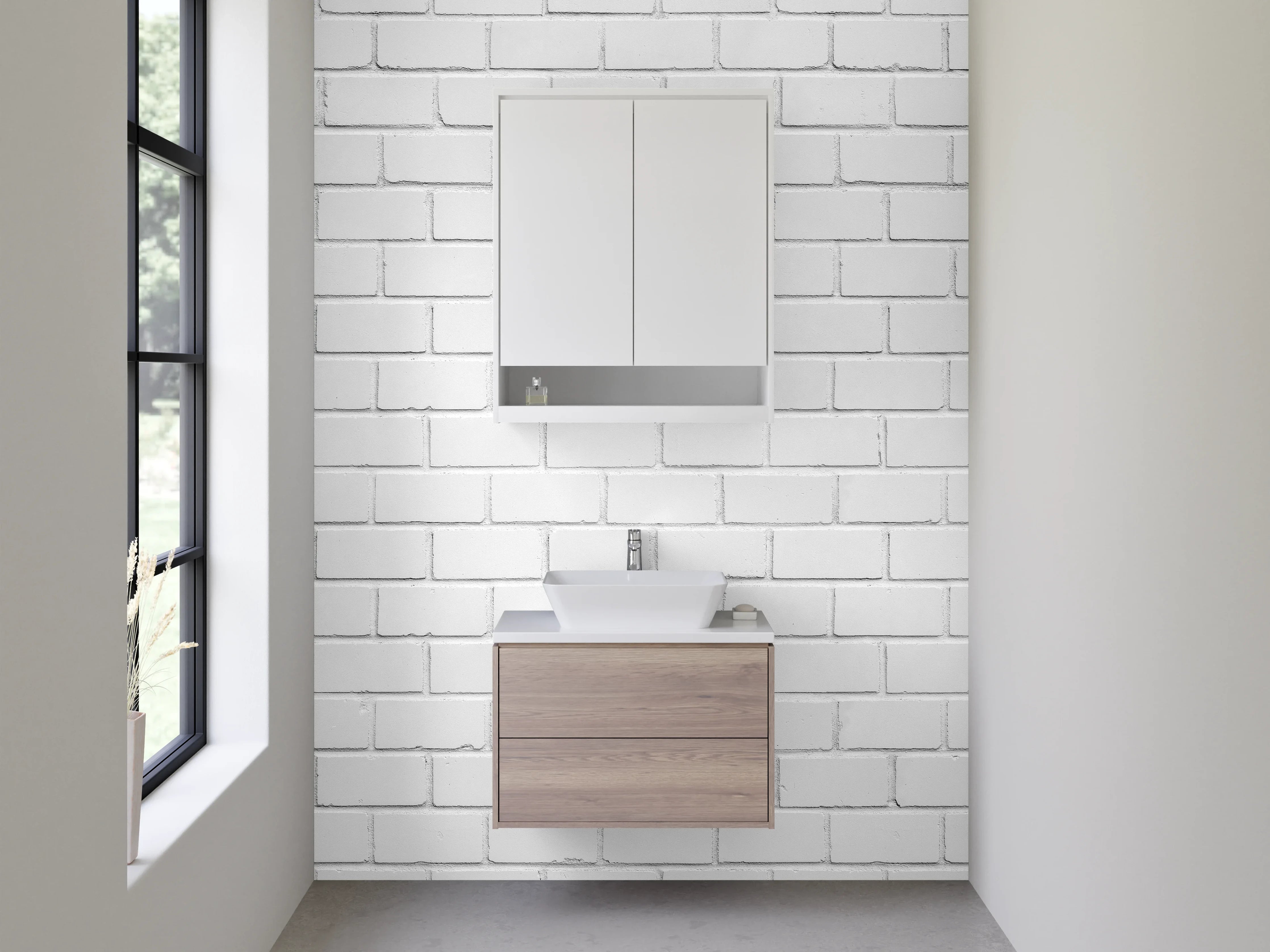 Waschbecken-Rückwand - Weiße Backsteinmauer mit Ziegelstruktur