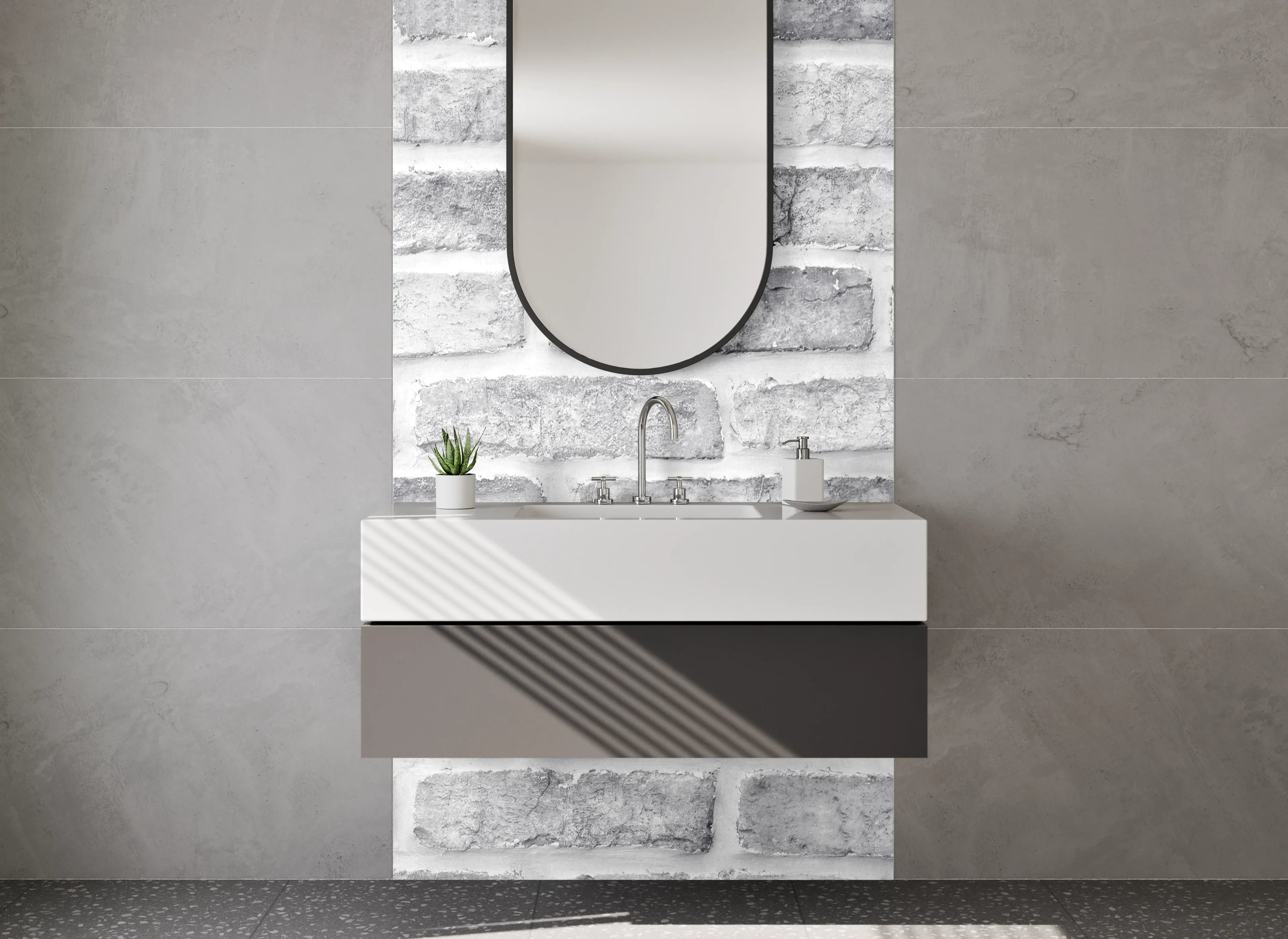 Waschbecken-Rückwand - Weiße Backsteinwand Optik – Modern