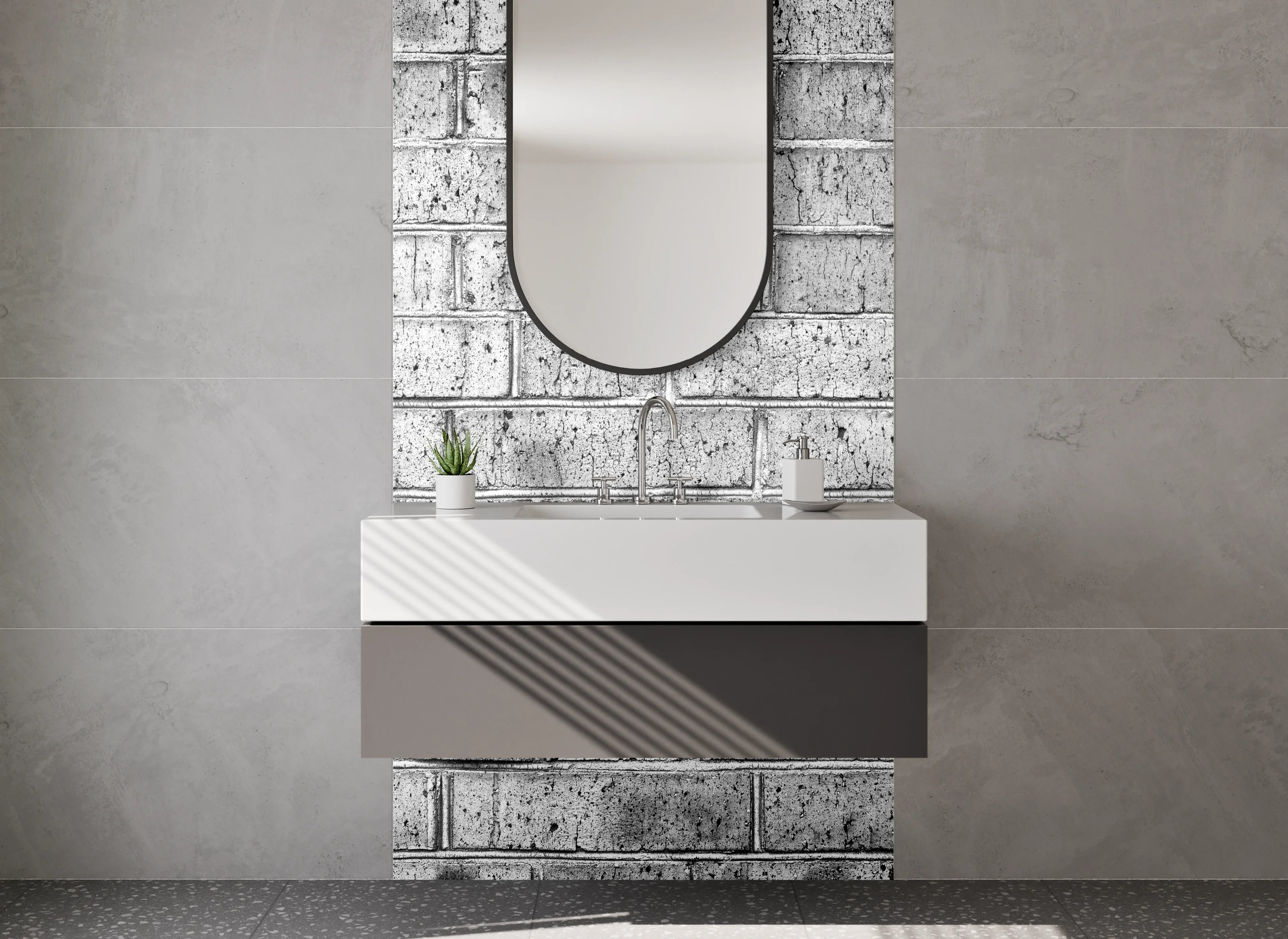 Waschbecken-Rückwand - Weiße Backsteinwand – Industrial Style