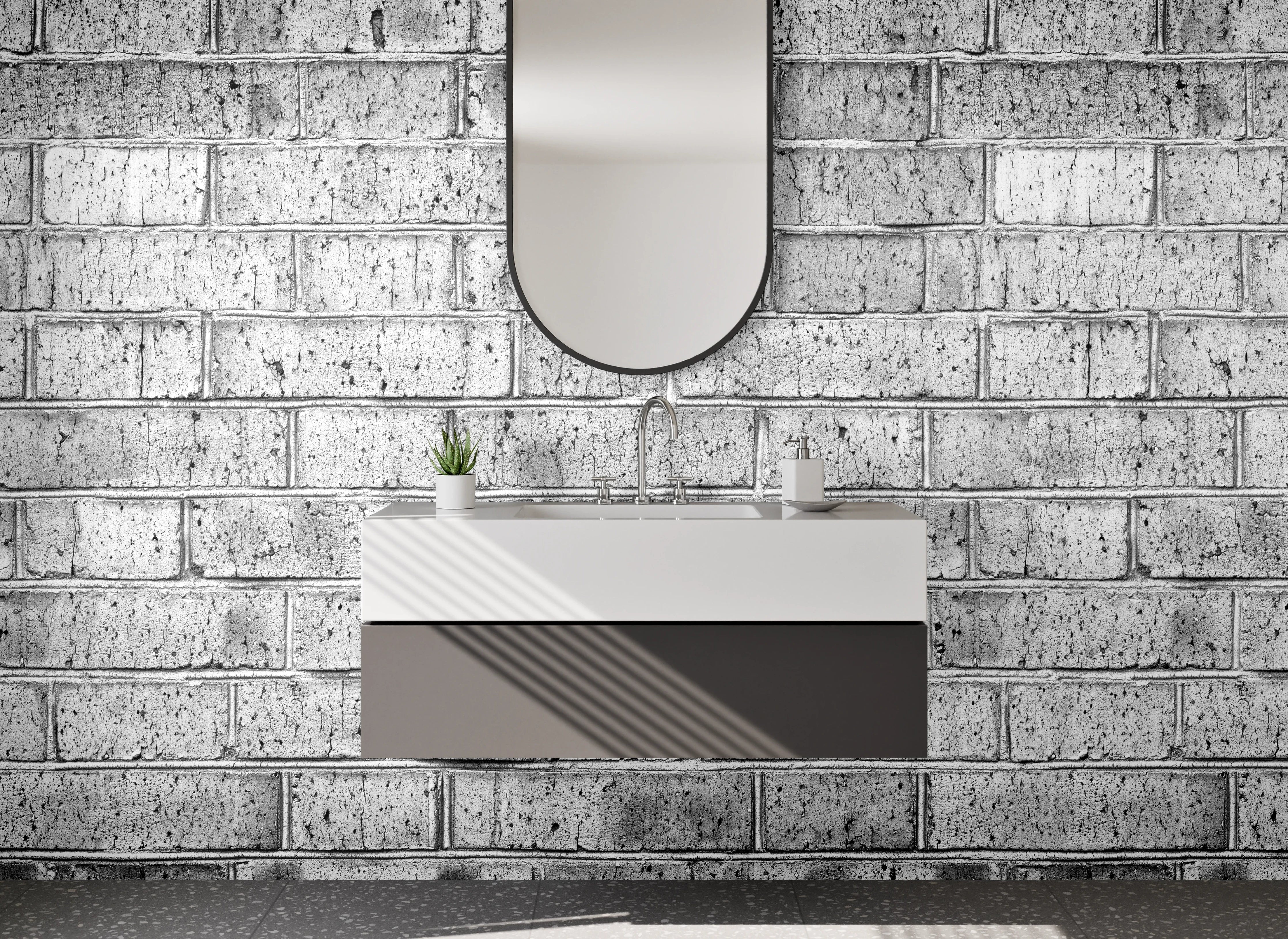 Waschbecken-Rückwand - Weiße Backsteinwand – Industrial Style