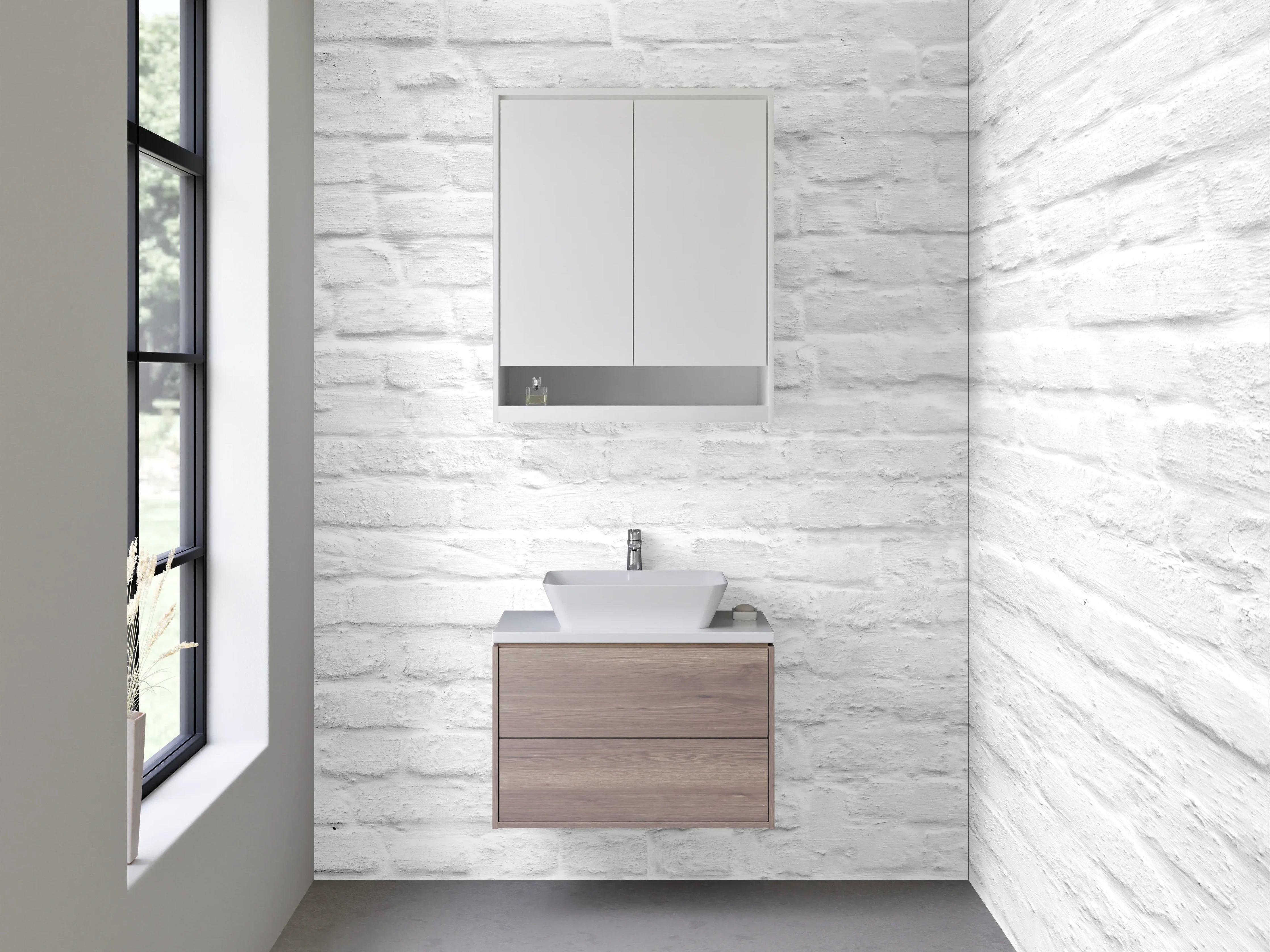 Waschbecken-Rückwand - Weiße Backsteinwand – Minimalistisches Design