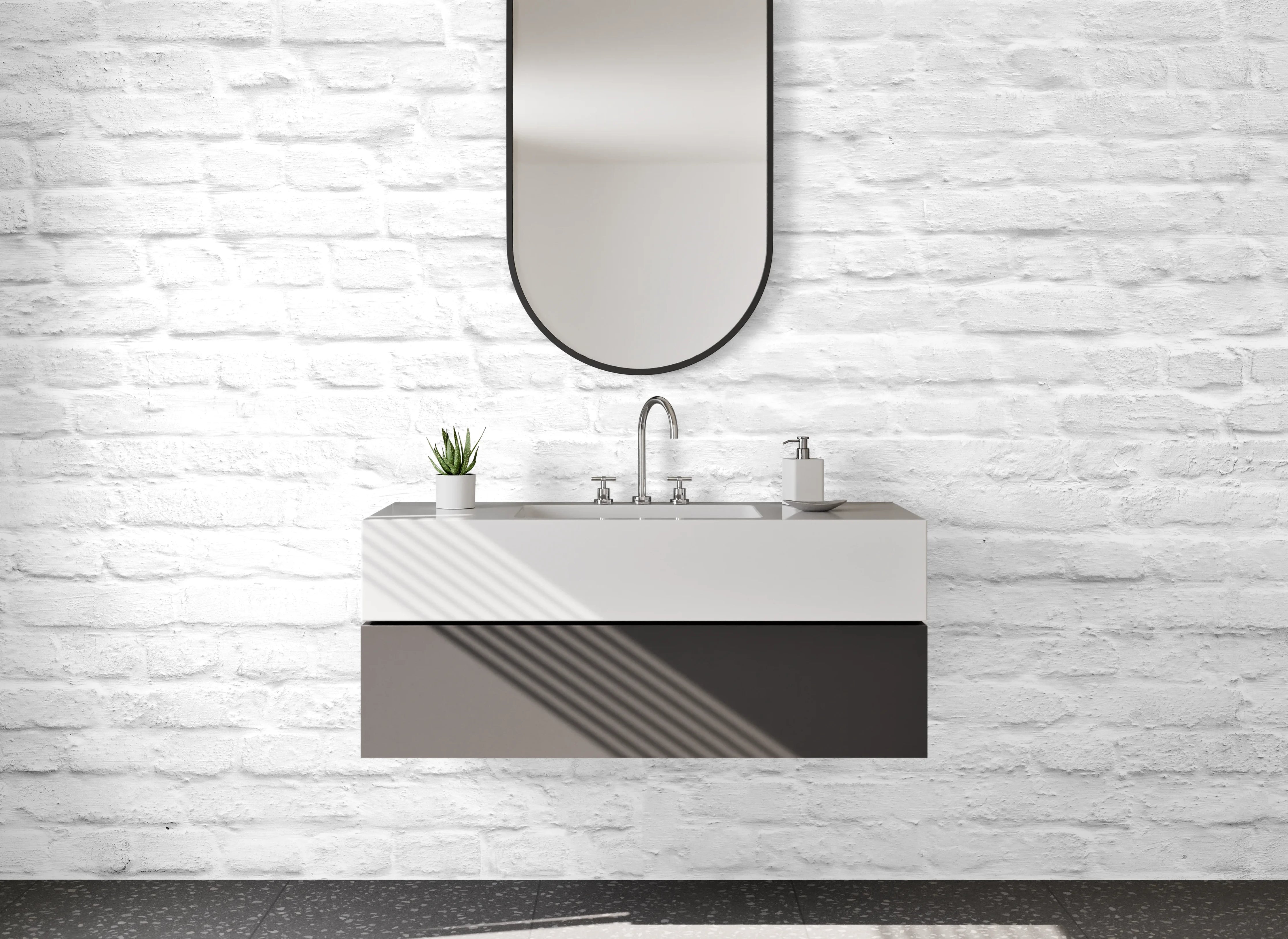 Waschbecken-Rückwand - Weiße Backsteinwand – Minimalistisches Design