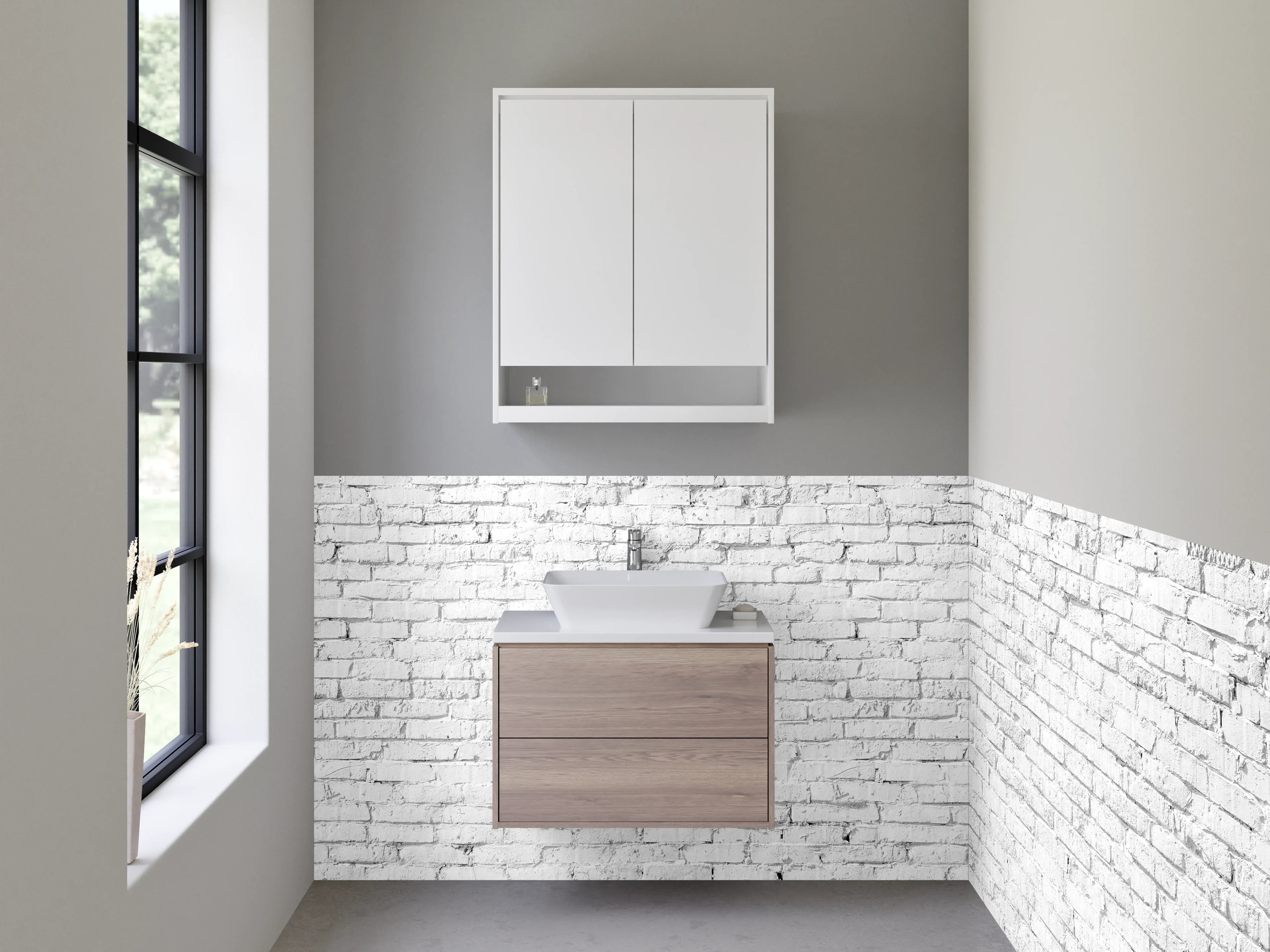 Waschbecken-Rückwand - Weiße Backsteinwand – minimalistisch & modern