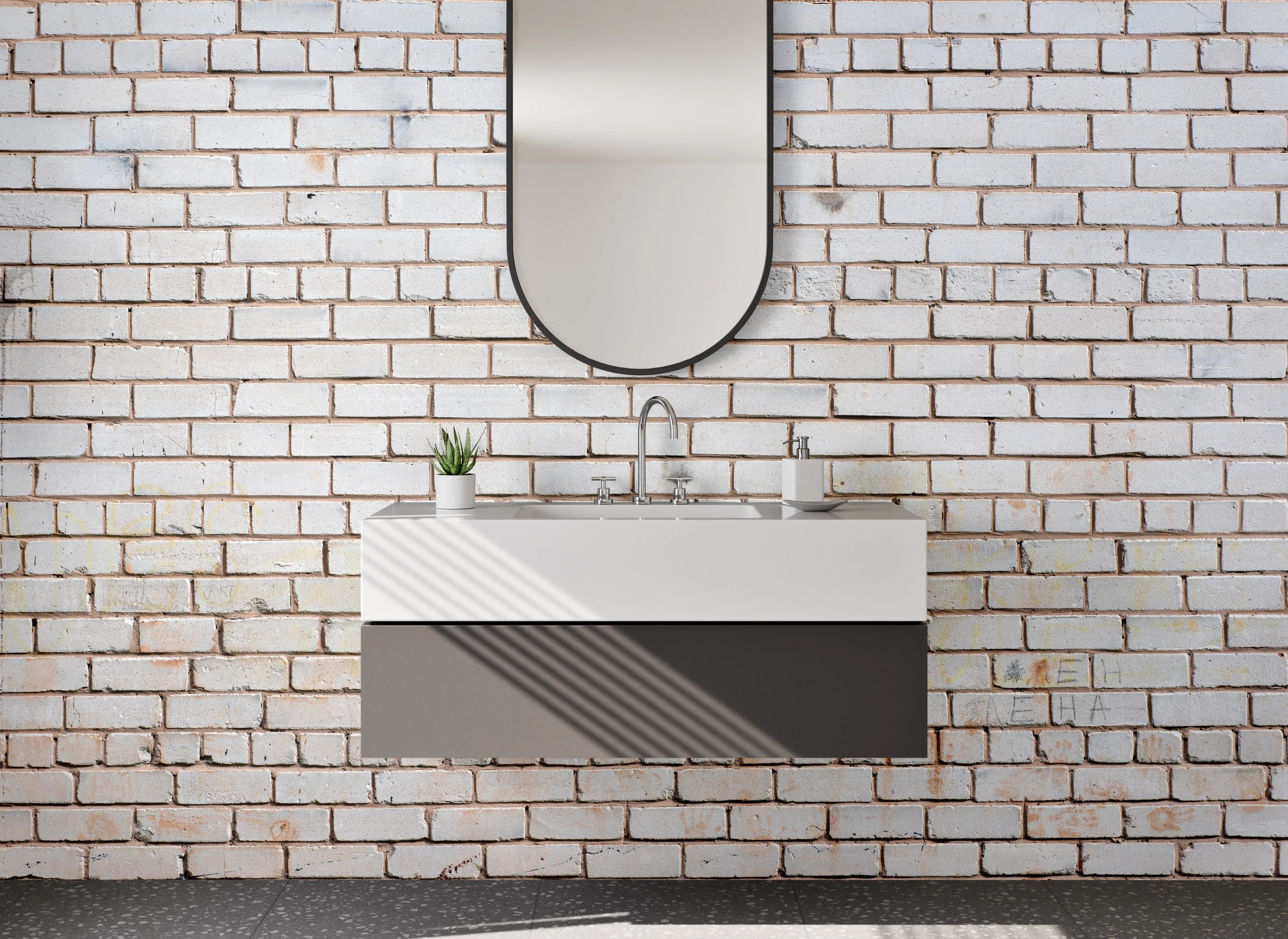 Waschbecken-Rückwand - Weiße Backsteinwand – minimalistischer Look
