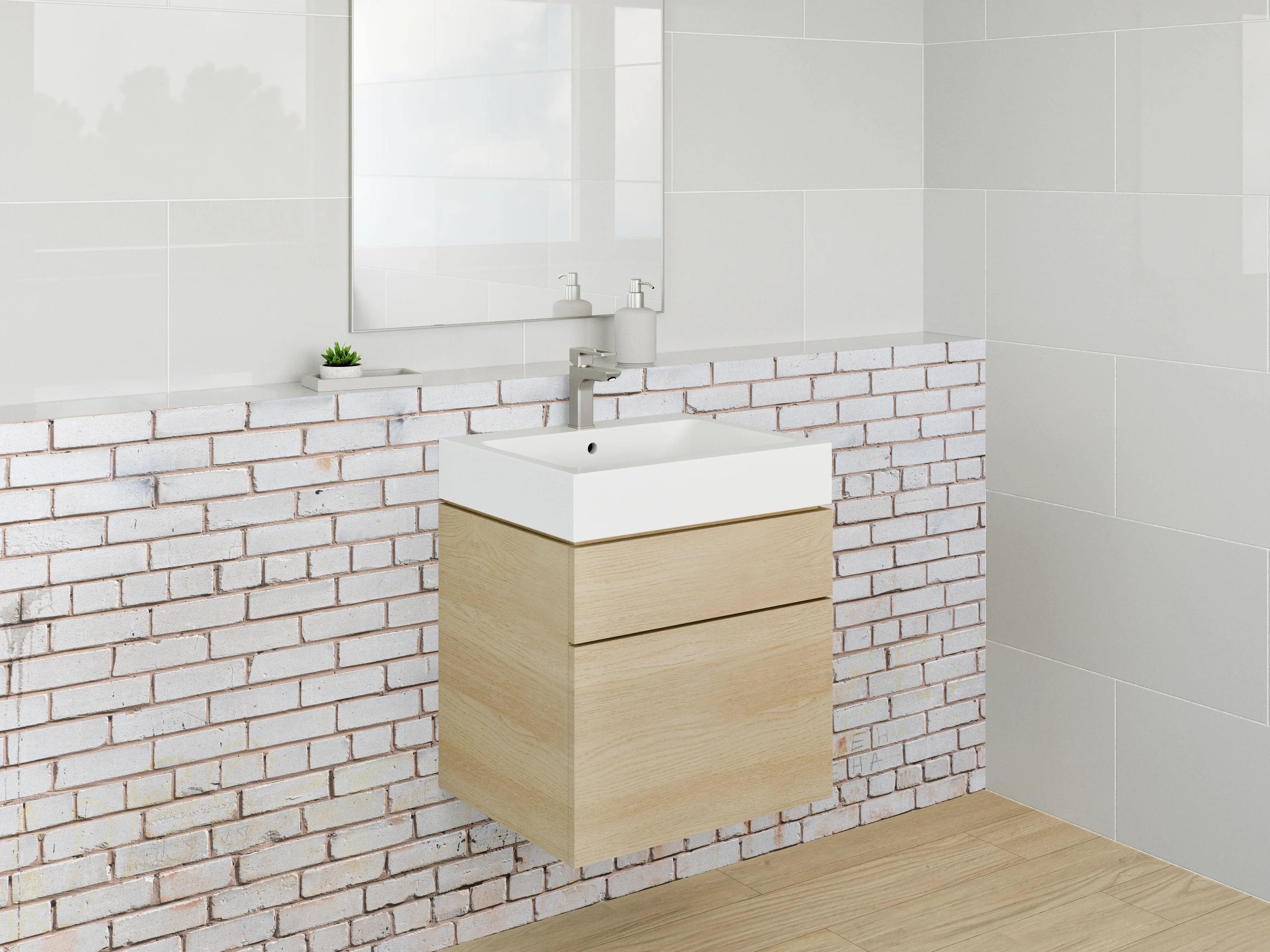 Waschbecken-Rückwand - Weiße Backsteinwand – minimalistischer Look