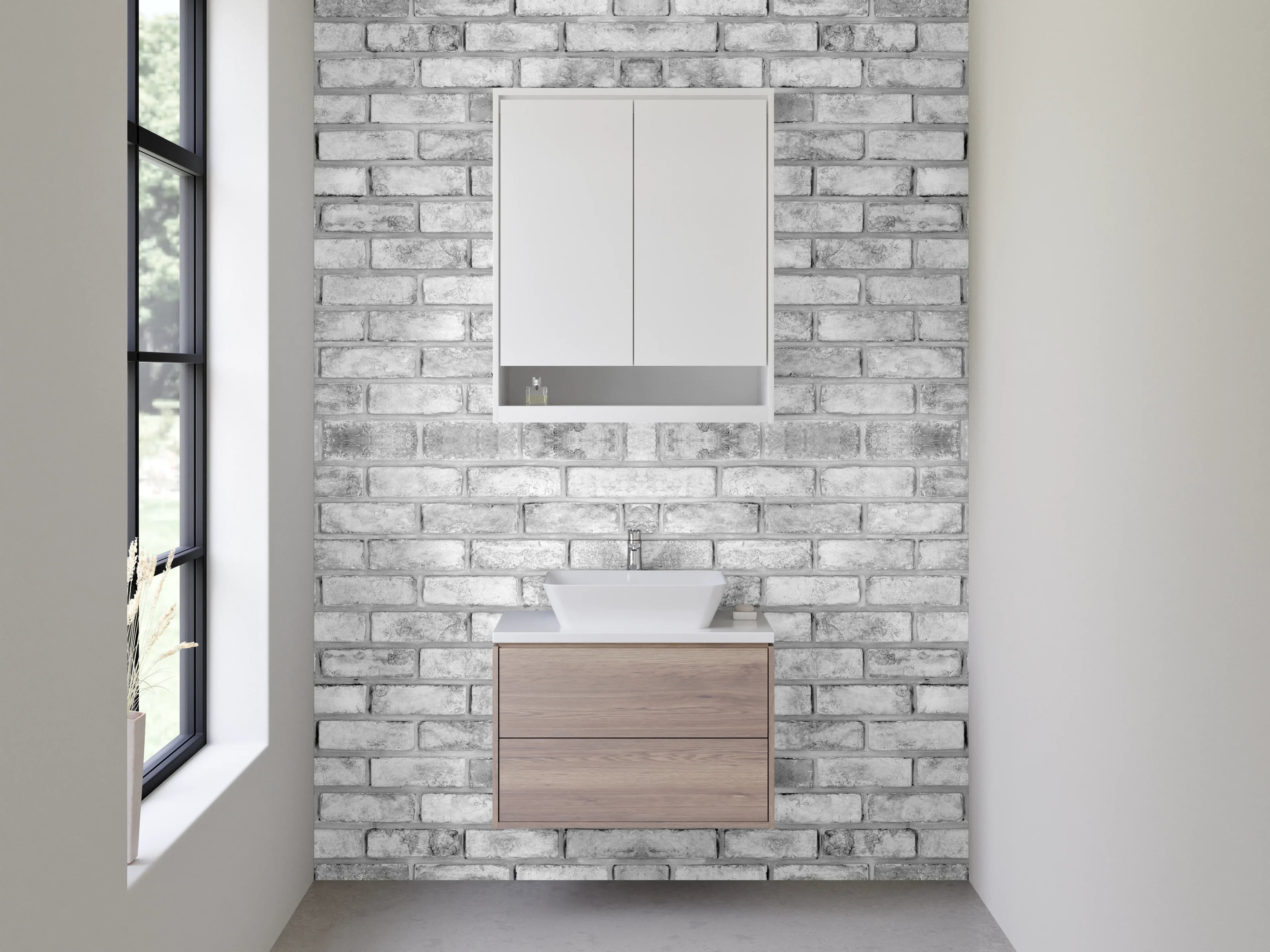 Waschbecken-Rückwand - Weiße Backsteinwand in Grau-Optik