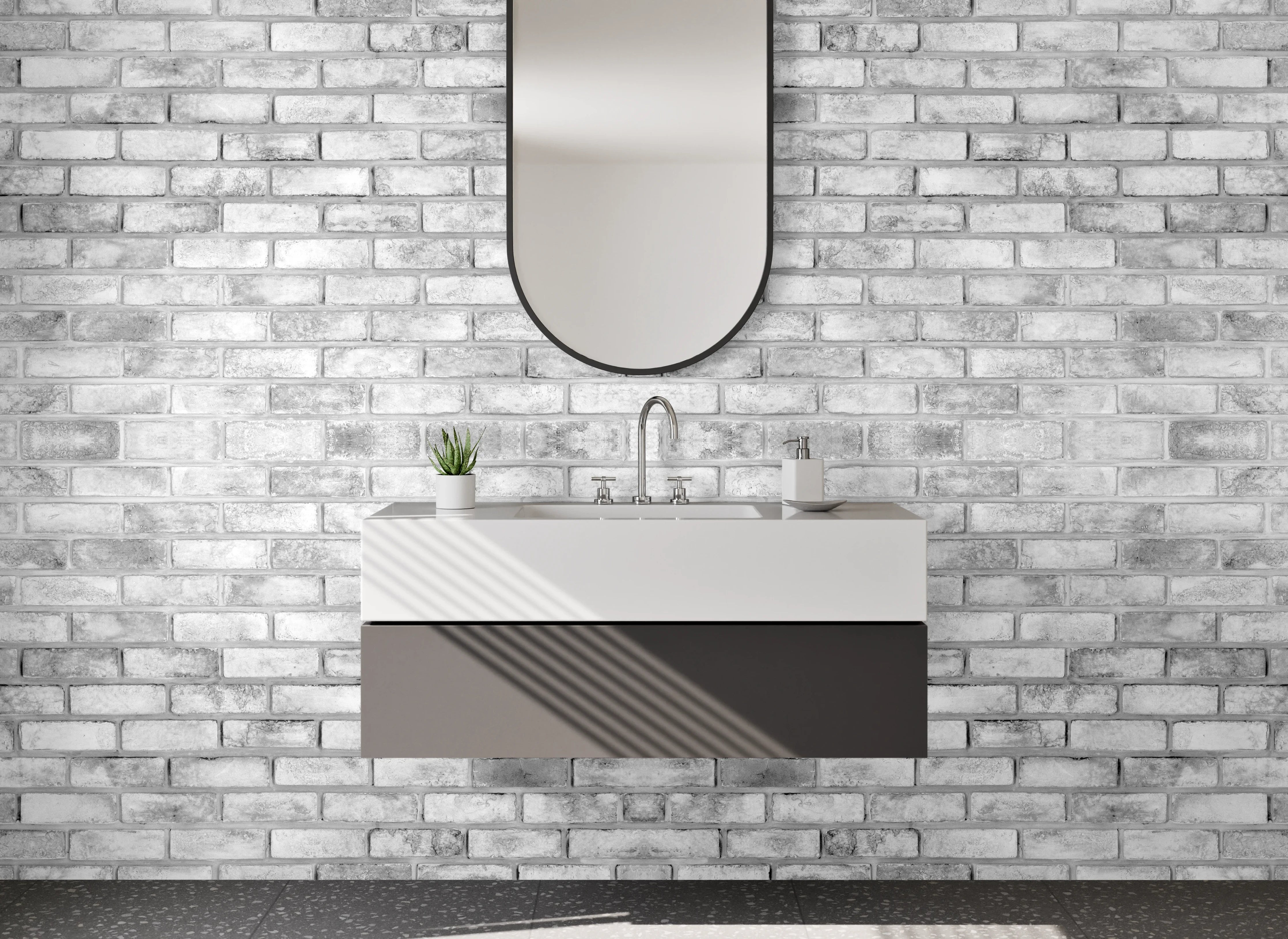Waschbecken-Rückwand - Weiße Backsteinwand in Grau-Optik