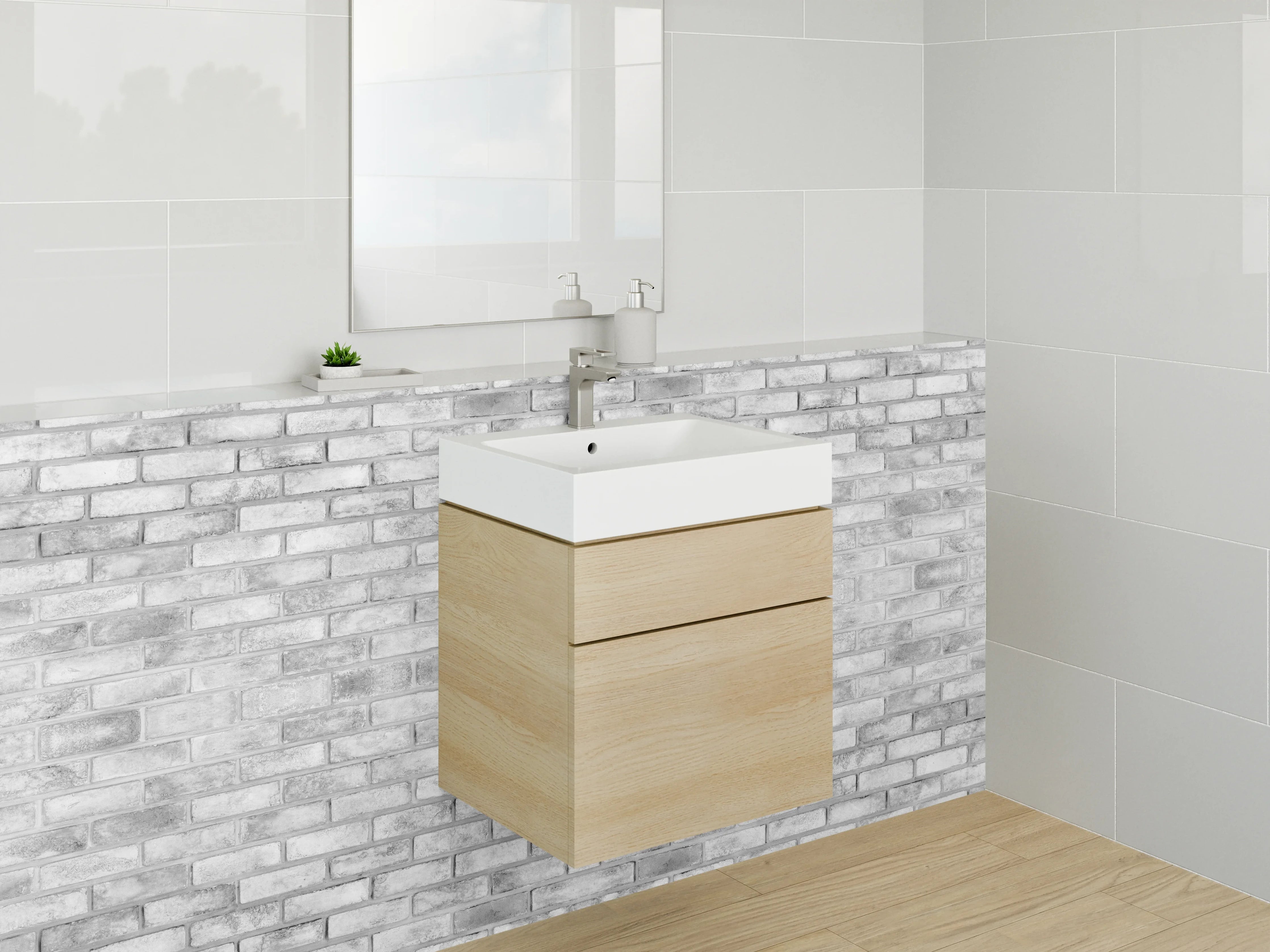 Waschbecken-Rückwand - Weiße Backsteinwand in Grau-Optik