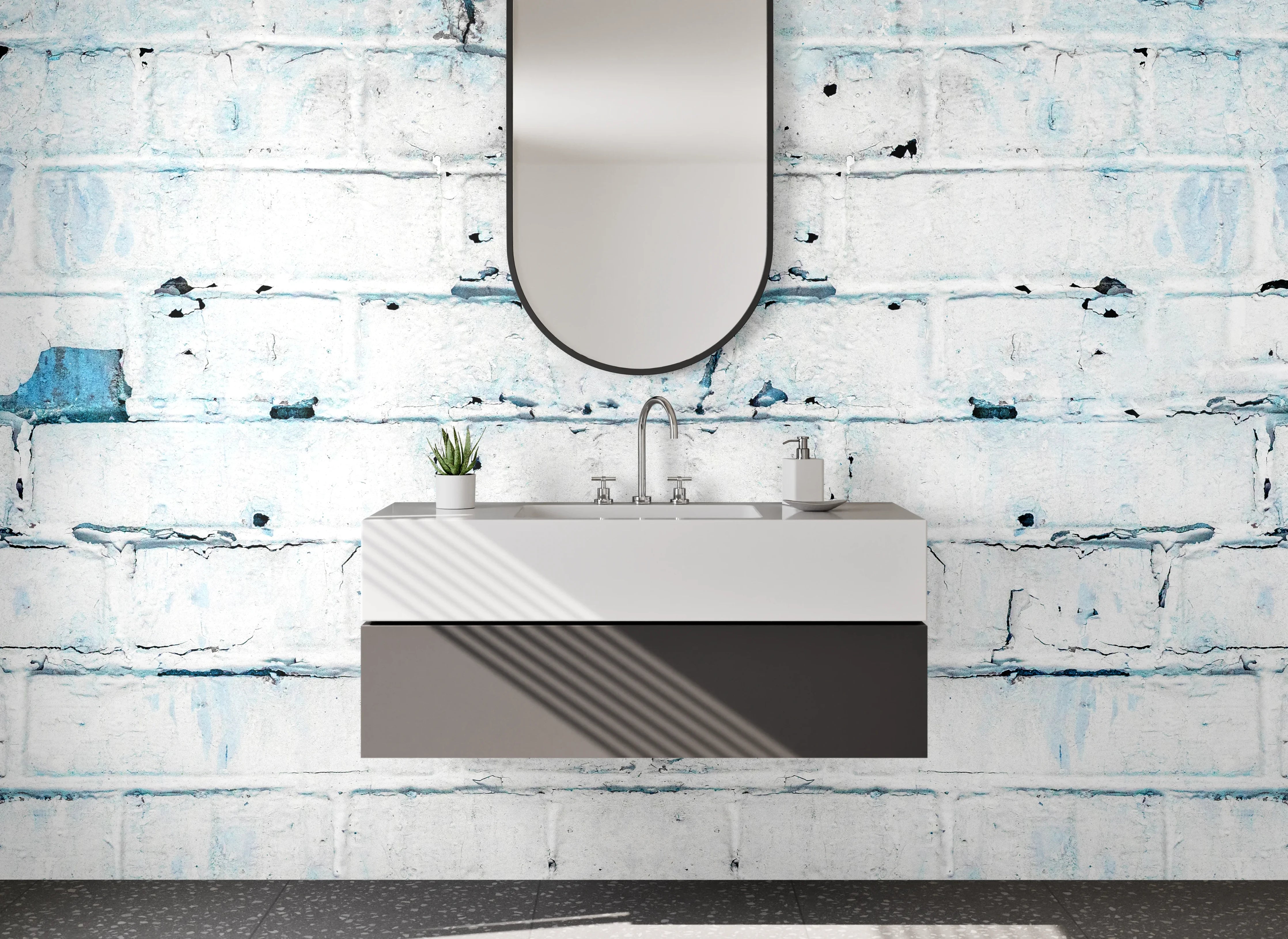 Waschbecken-Rückwand - Weiße Backsteinwand mit Vintage-Blau