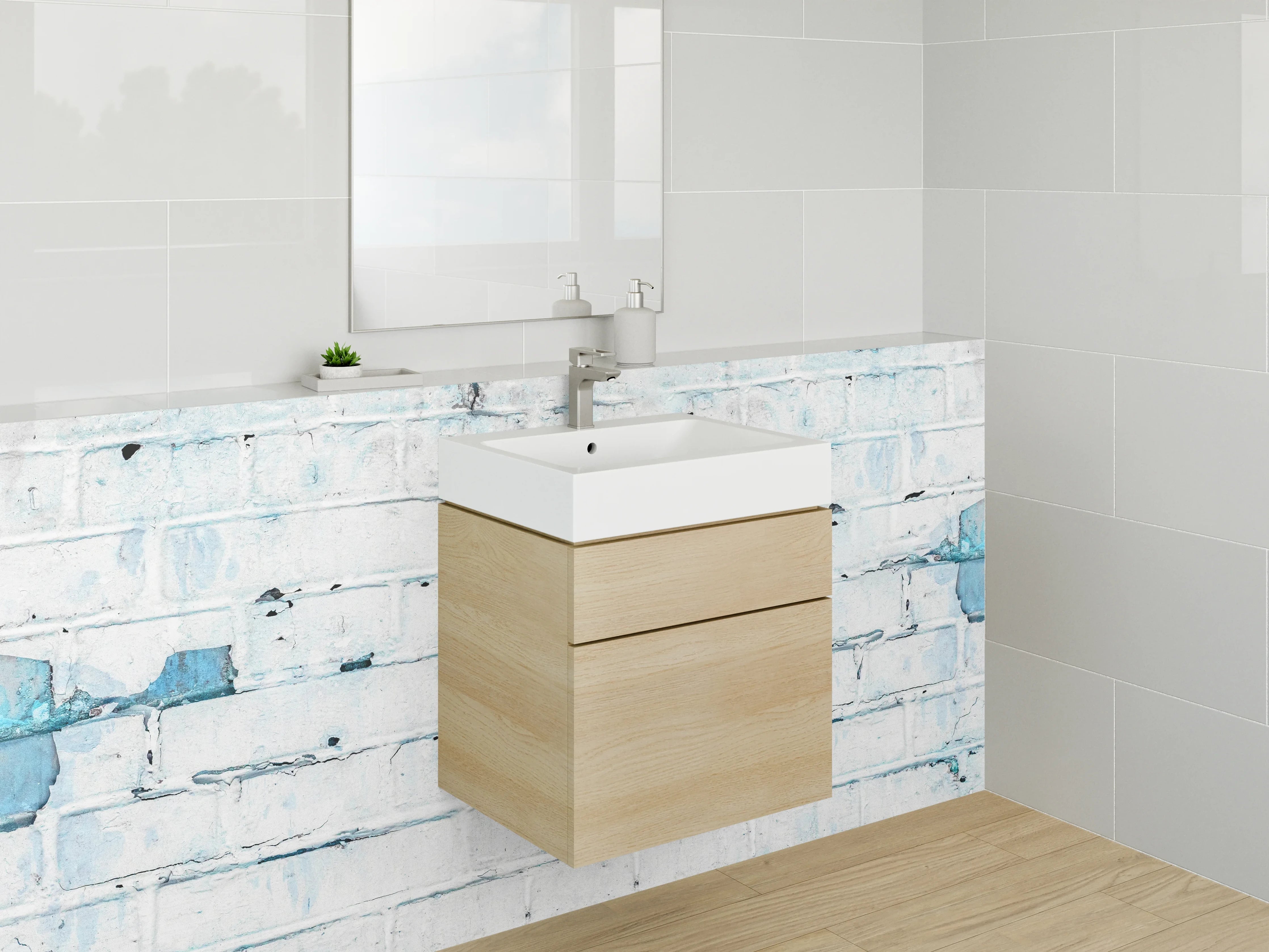 Waschbecken-Rückwand - Weiße Backsteinwand mit Vintage-Blau