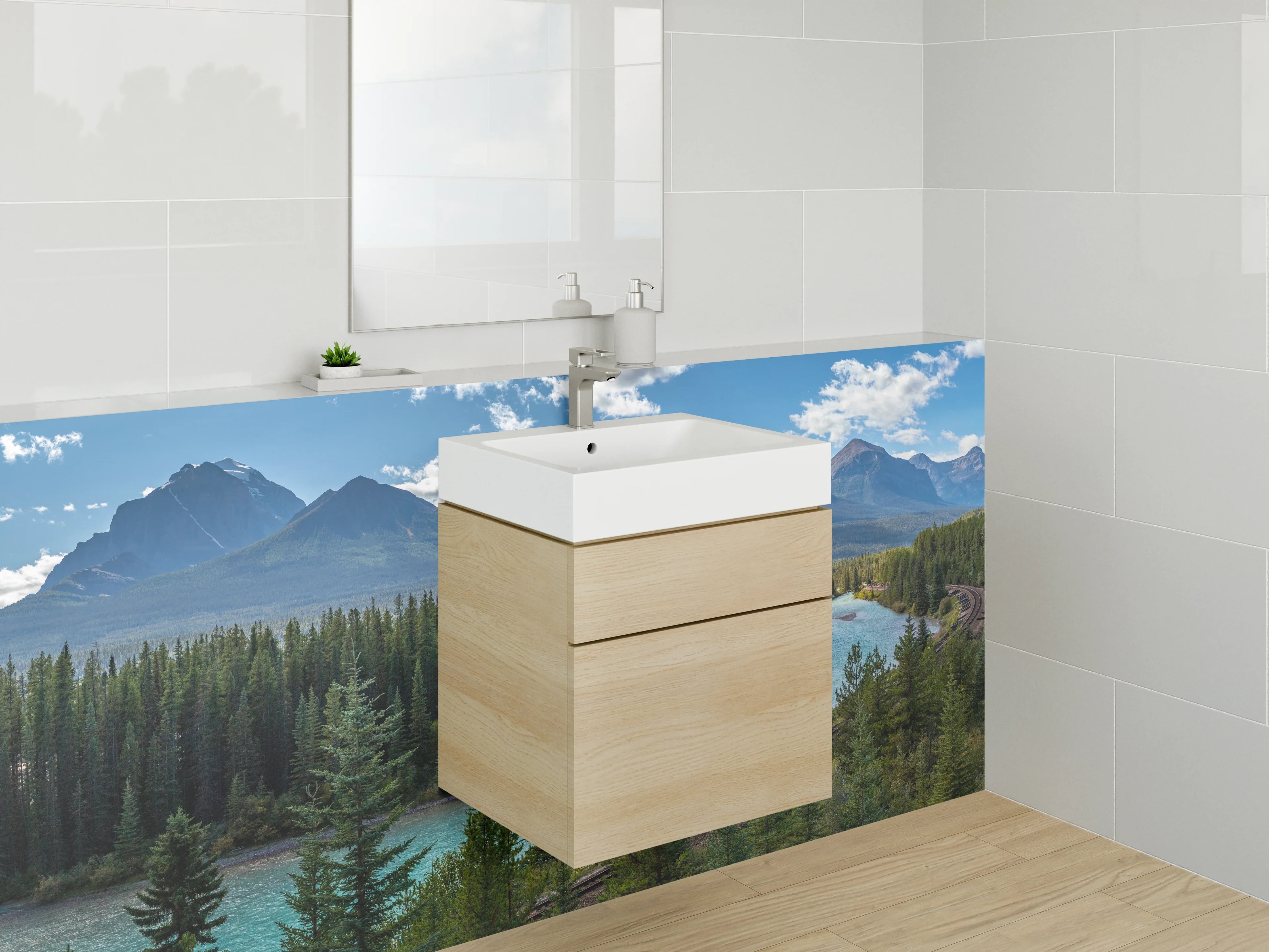 Waschbecken-Rückwand - Weiße Berge mit Wasser
