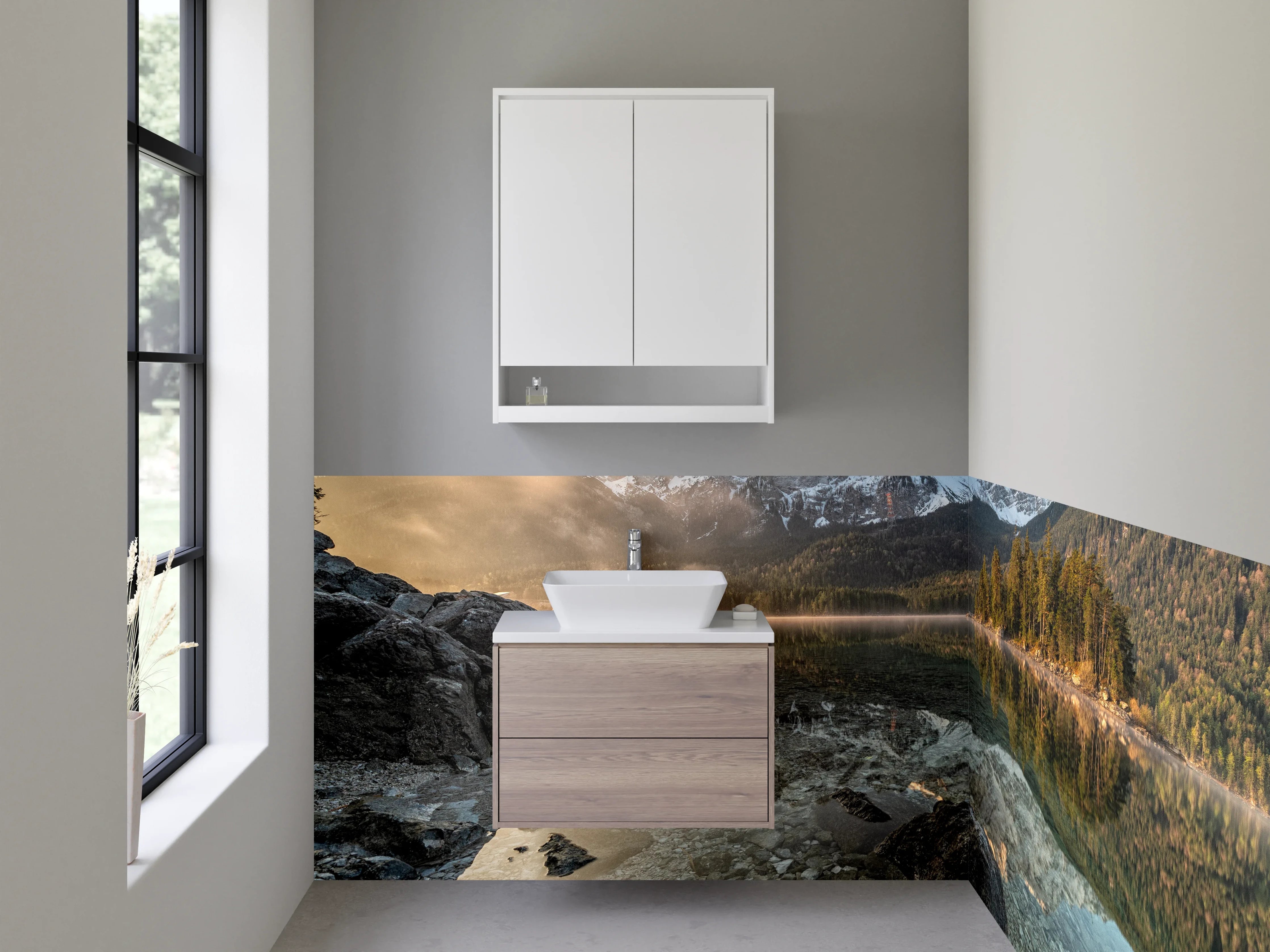Waschbecken-Rückwand - Weiße Bergkulisse mit Alpensee